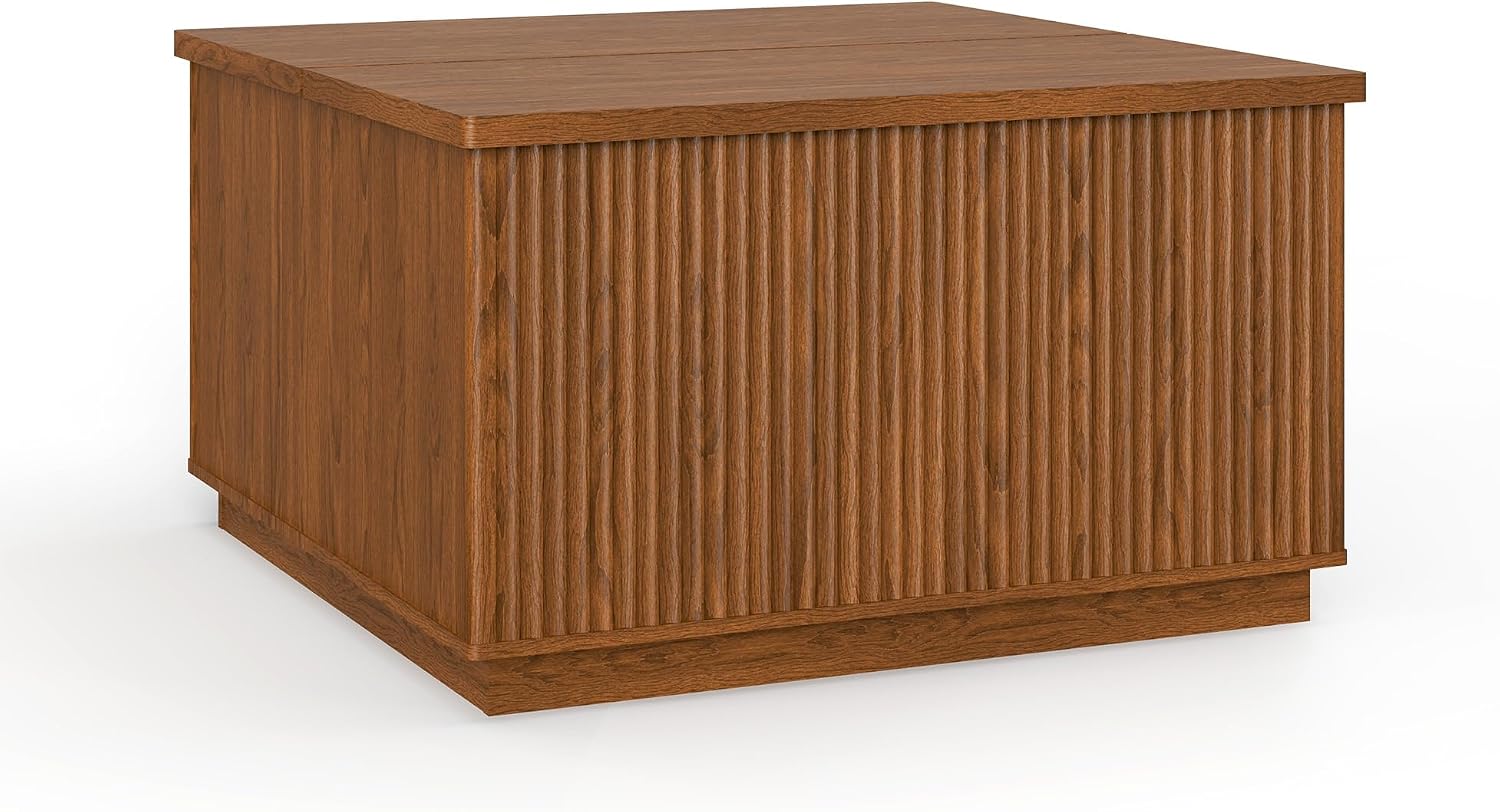 Fluted Coffee Table with Lifting Top, 31.5' Square Coffee Table with Storage, Mid Century Modern Center Table for Living Room, Home Office, Brown