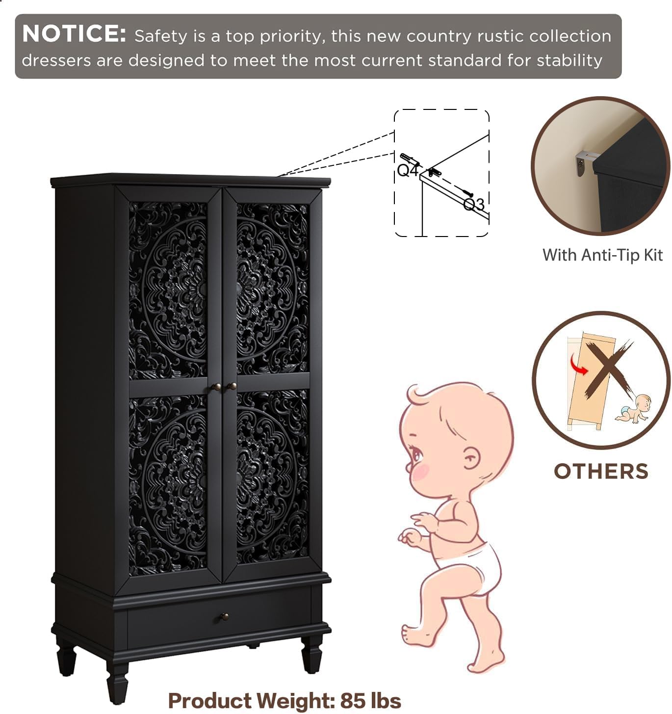 JIJIWANG Rustic 55'' Hollowed-Out Carving Storage Cabinet with 2 Doors and Shelves,French Wood Accent Cabinet with Distressed Finish,Buffet & Sideboard for Living Room,Entryway,Bedroom,Black