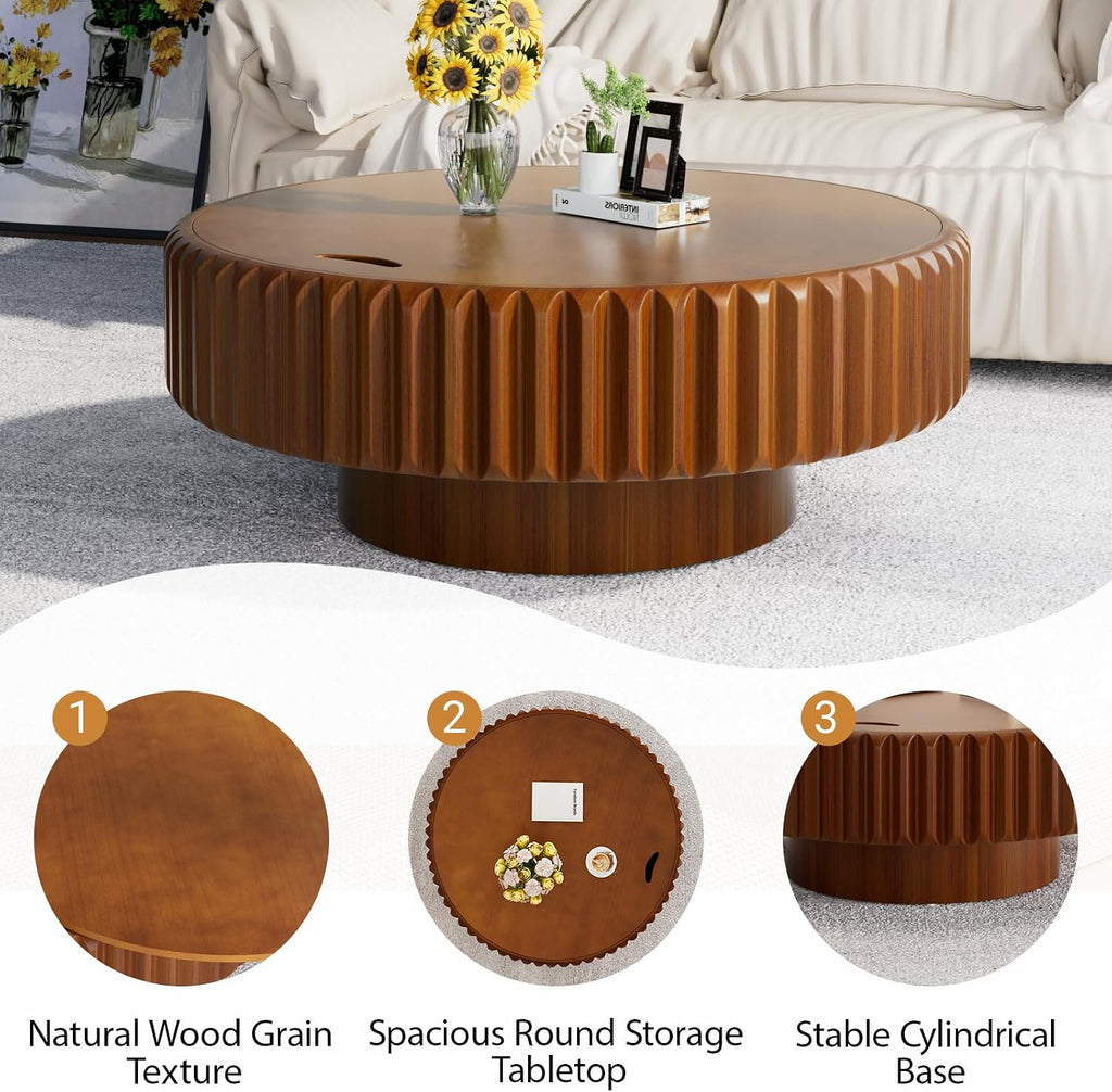 Drum Coffee Table with Hidden Storage, Modern Round Coffee Table for Living Room Circle Center Table with Solid Wood Fluted Veneered, Accent Tea Table for Small Space Apartment (Walnut 31.5 inch)