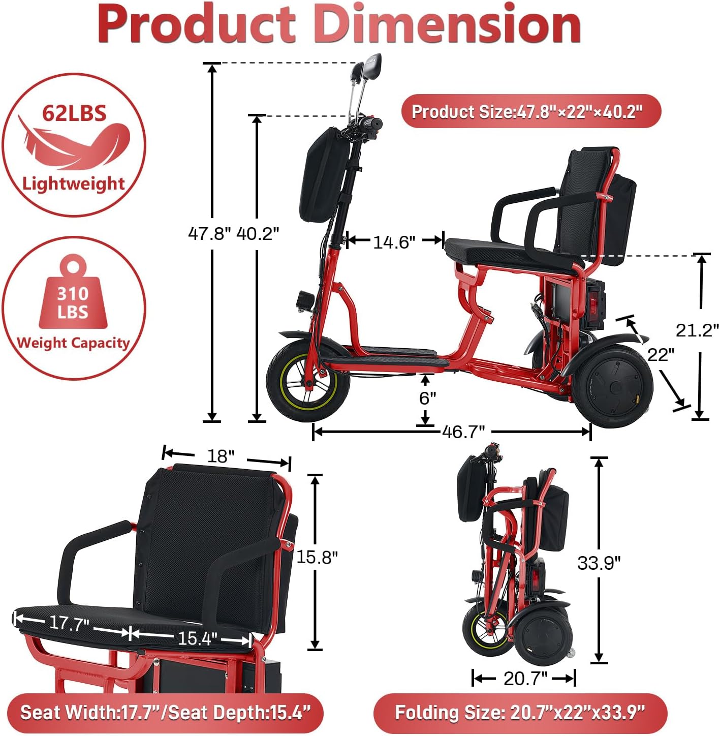 3-Wheel Folding Mobility Scooter Foldable Lightweight Electric Scooter for Adults & Seniors, Detachable Lithium Battery, Long Range 28 Miles, 3-Speed, with Rearview Mirror & Turn Signal (Red)