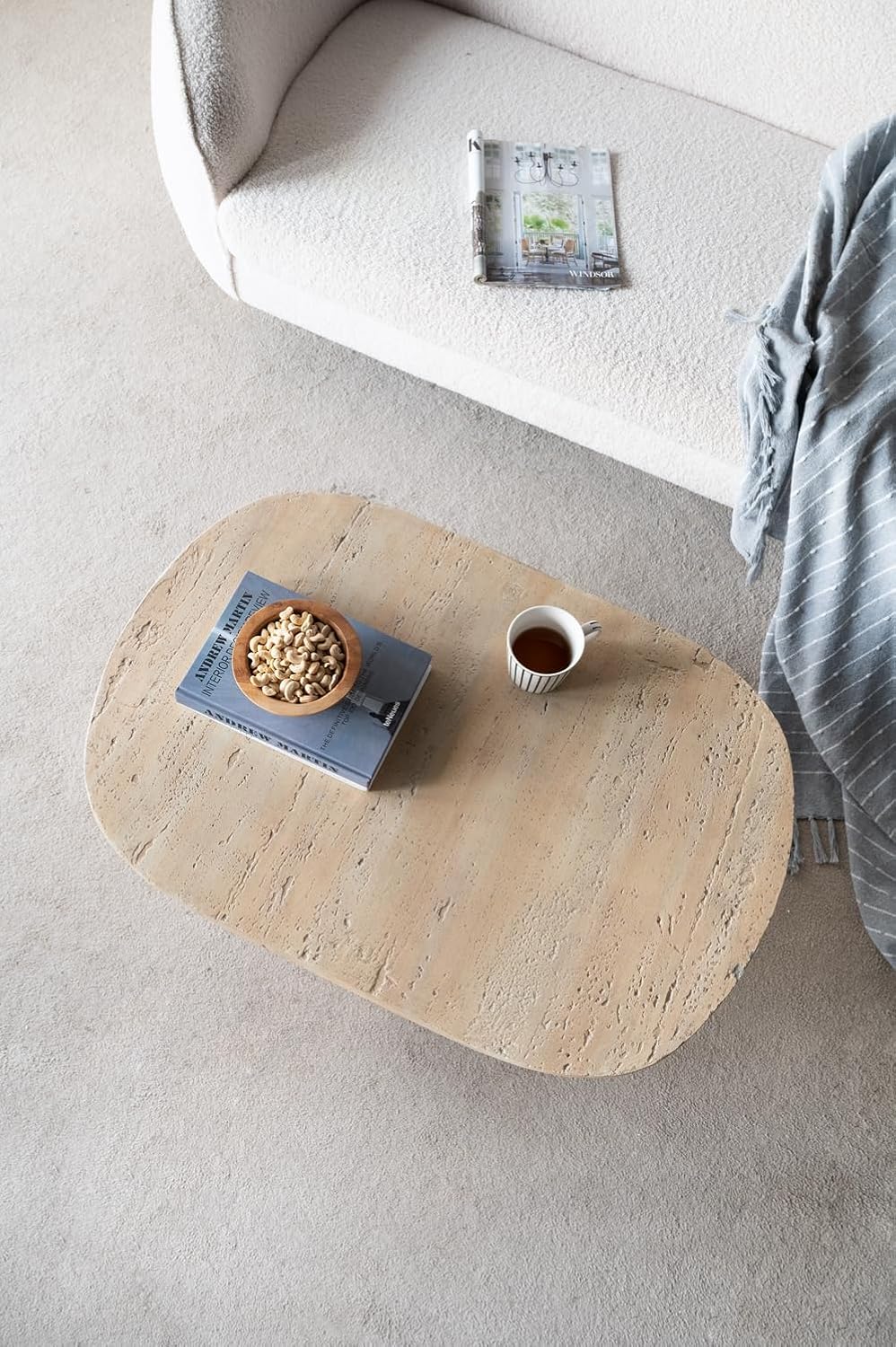 Oval Coffee Table, 36'*24'*15'Cream Cement Modern Center Table Side Accent End for Living Room