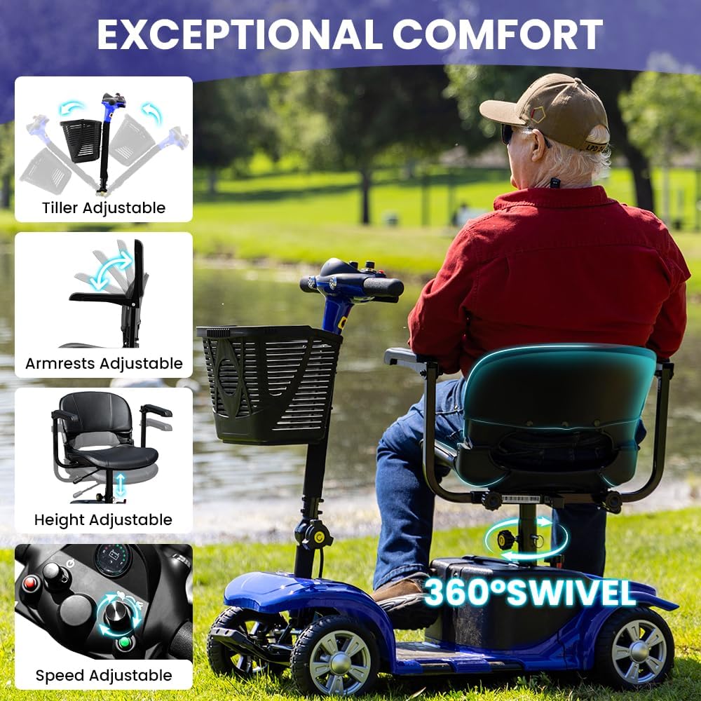 SUNDERWELL Mobility Scooters for Seniors & Adults, Compact Foldable Mobility Scooter with Tool-Free Disassembly, 15 Miles Electric Powered Mobility Scooters with 300 lb Capacity & USB Port (Blue)