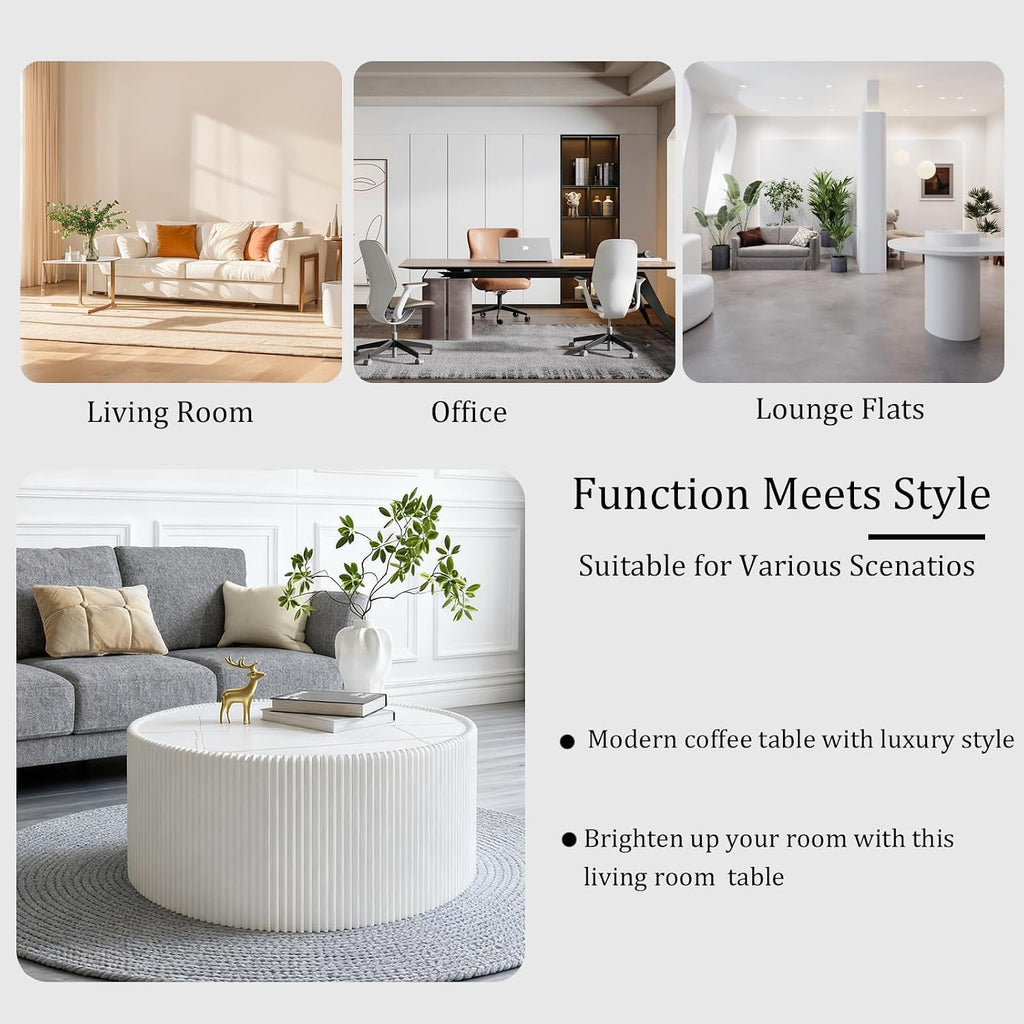 White Round Coffee Table with Sintered Stone Tabletop, 29.52' Drum Coffee Table with Fluted PU Leather Covered and Stable Base, Circle Cocktail Tea Table for Living Room