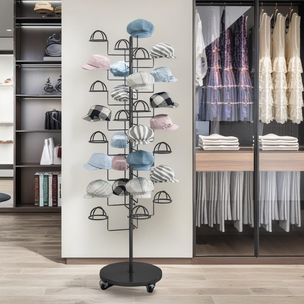 Metal Hats Display Rack with 30 Adjustable Hooks Floor Hat Rack Stand Hat Rack Display for Home Retail Store Hat Organizer Rack for Wig Cap(Black)
