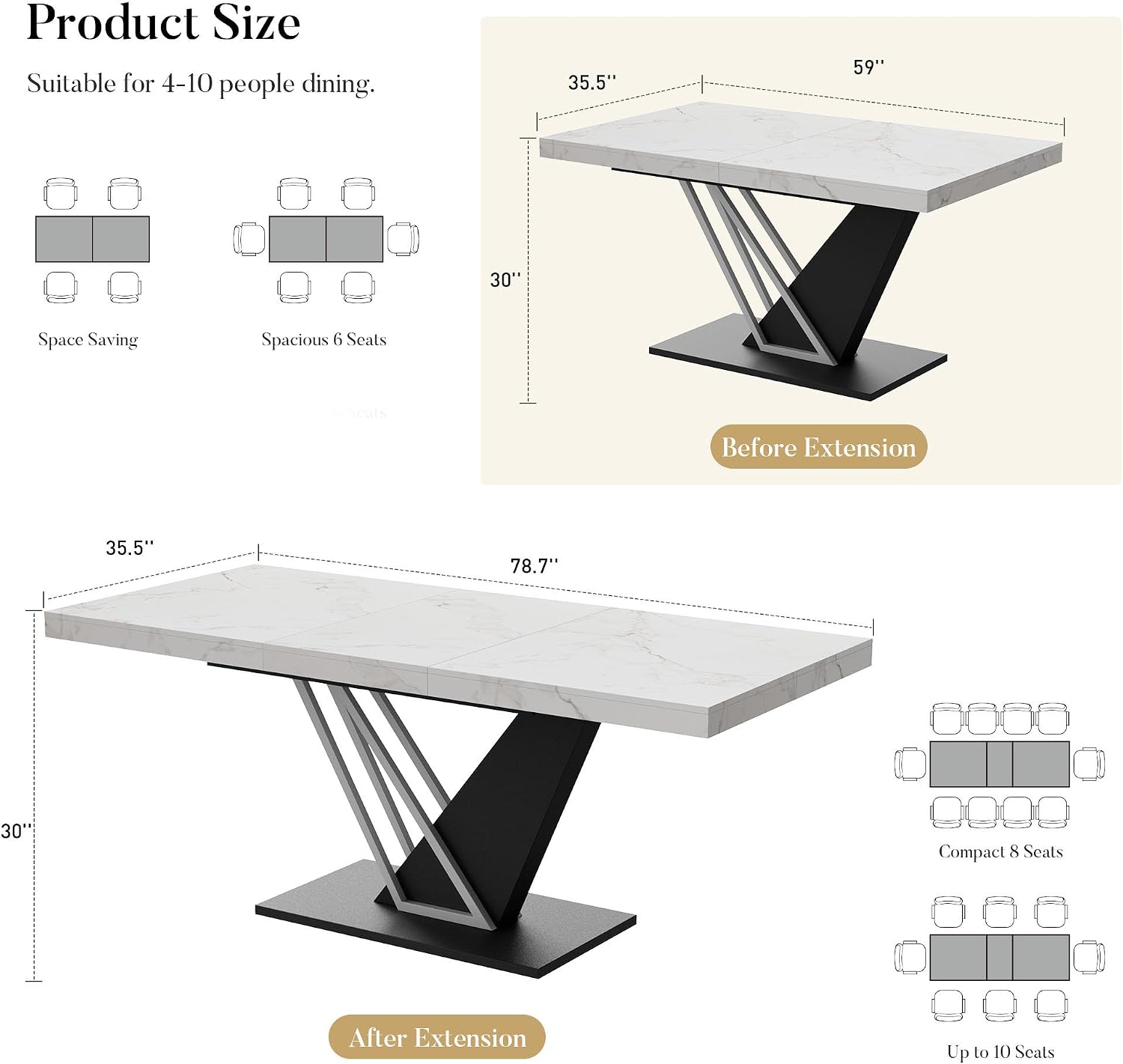 COSIEST 59'' to 78.7'' Extendable Dining Table for 4-8, Faux Marble Expandable Kitchen Table with Sturdy Metal Base, Rectangle Dinner Table for Small Space, Dining Room, Living Room, White