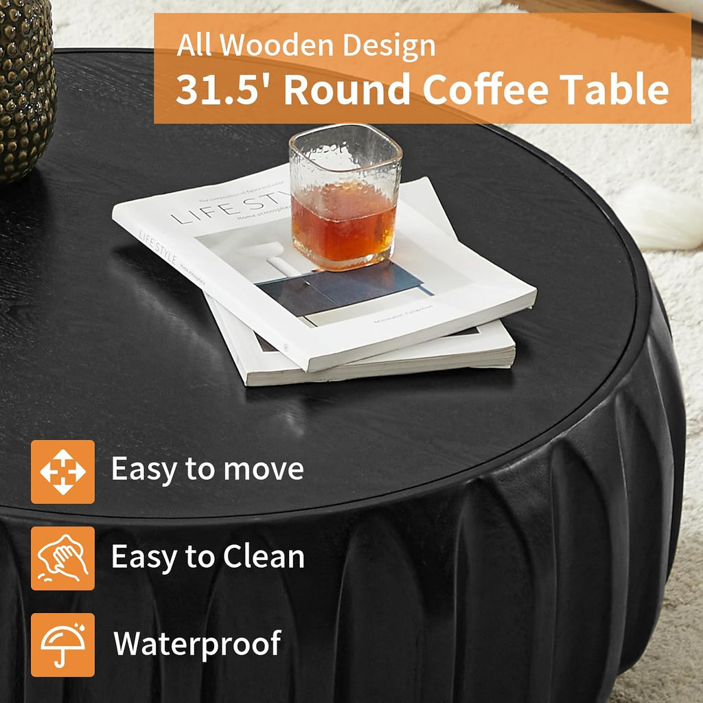 LKTART 31.5' Drum Coffee Table Modern Round Coffee Table Wood Fluted Centry Table with Solid Wood Veneer for Living Room, Easy Assemble, Black