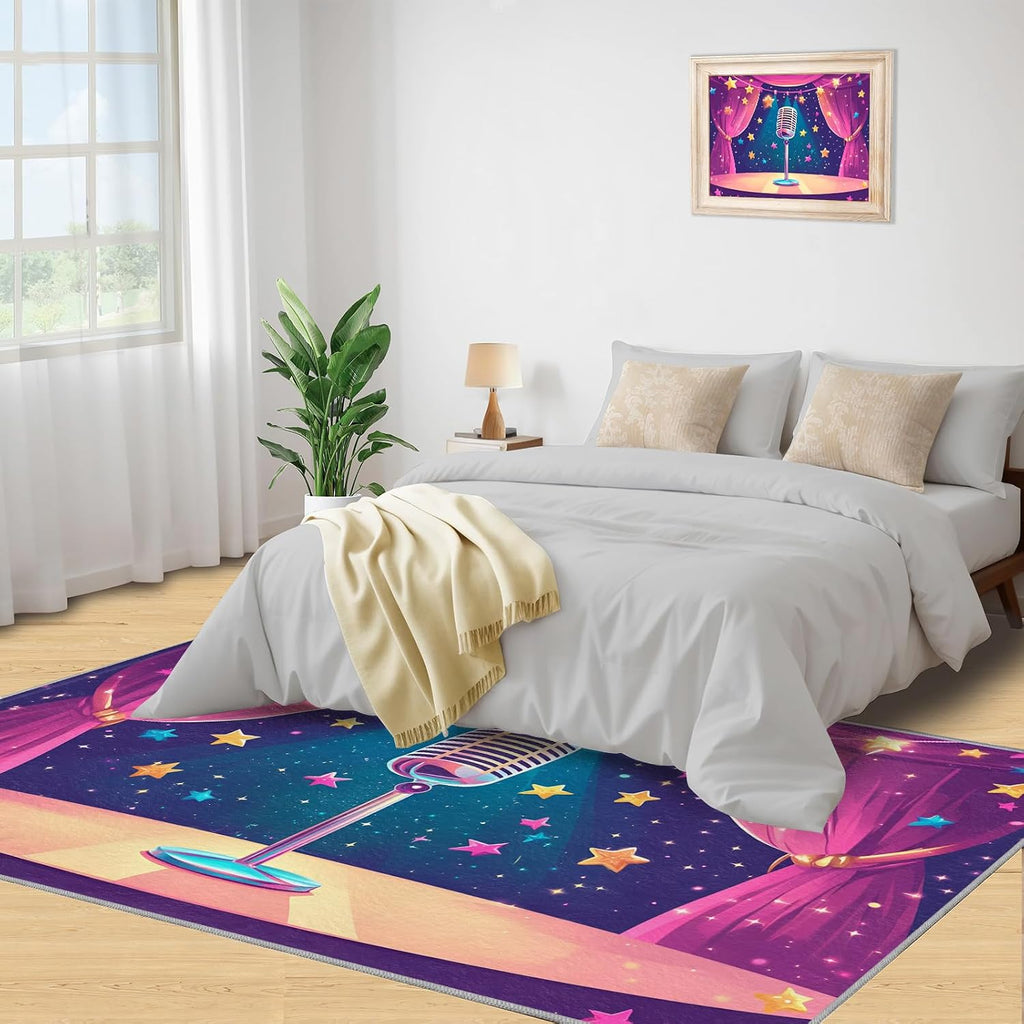 Microphone Area Rug 5x7-5x7 Rug, Cartoon Stars Area Rugs for Living Room, Music Washable Rugs for Bedroom, Kids Carpet, Musical Carpet - Microphone Home Decor & Gift