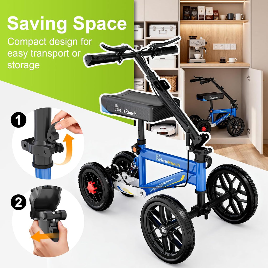 BlessReach All Terrain Steerable Knee Scooter Crutch Alternative，Deluxe Medical Scooter Double Handbrake,for Adults Injured Ankle & Foot Recovery Scooter in Blue