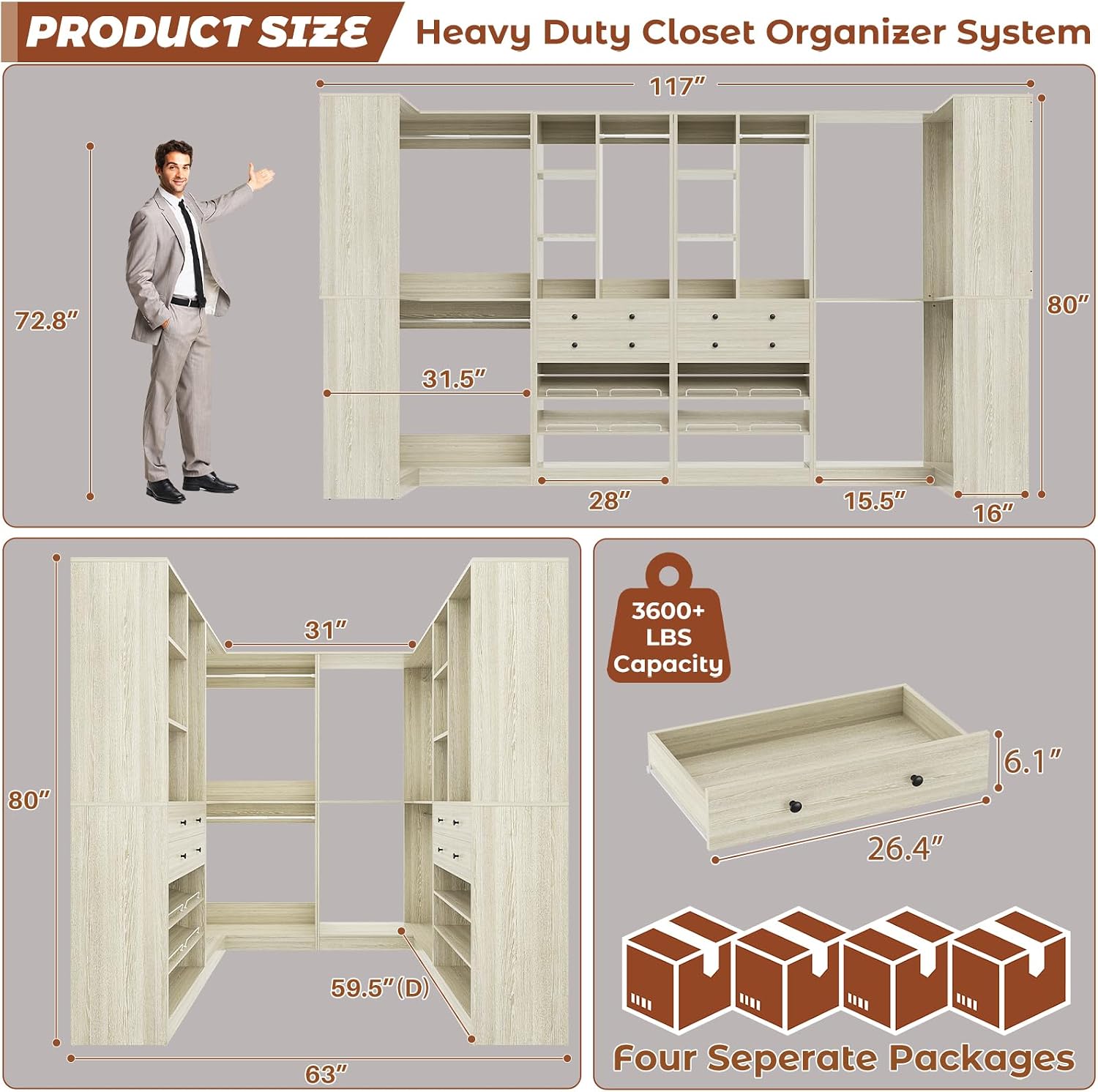 Besiost Closet System with 4 Drawers & Corner Tower, Closet Organizer System with 4 Hanging Robs, Reversible U Shaped Walk-in Closet System, Load 2600+LBS Capacity, Set of 4, Greige Oak
