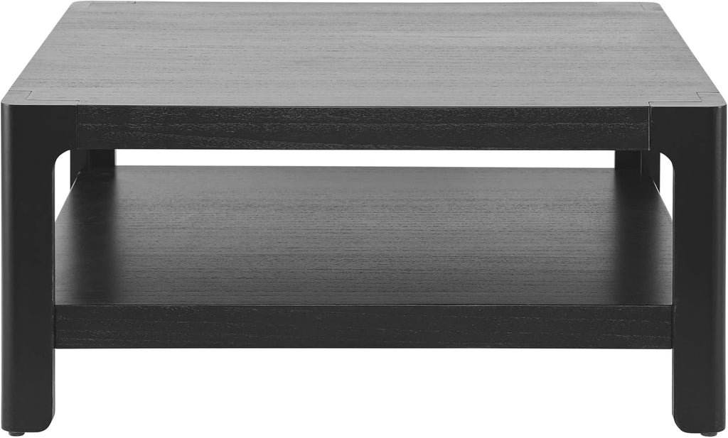 Henf 34.7' Square Coffee Table, Large 2-Tier Solid Wood Coffee Table with Open Storage Shelf and Soft Rounded Corner, Wood Cocktail Center Tea Coffee Tables for Living Meeting Room,Black