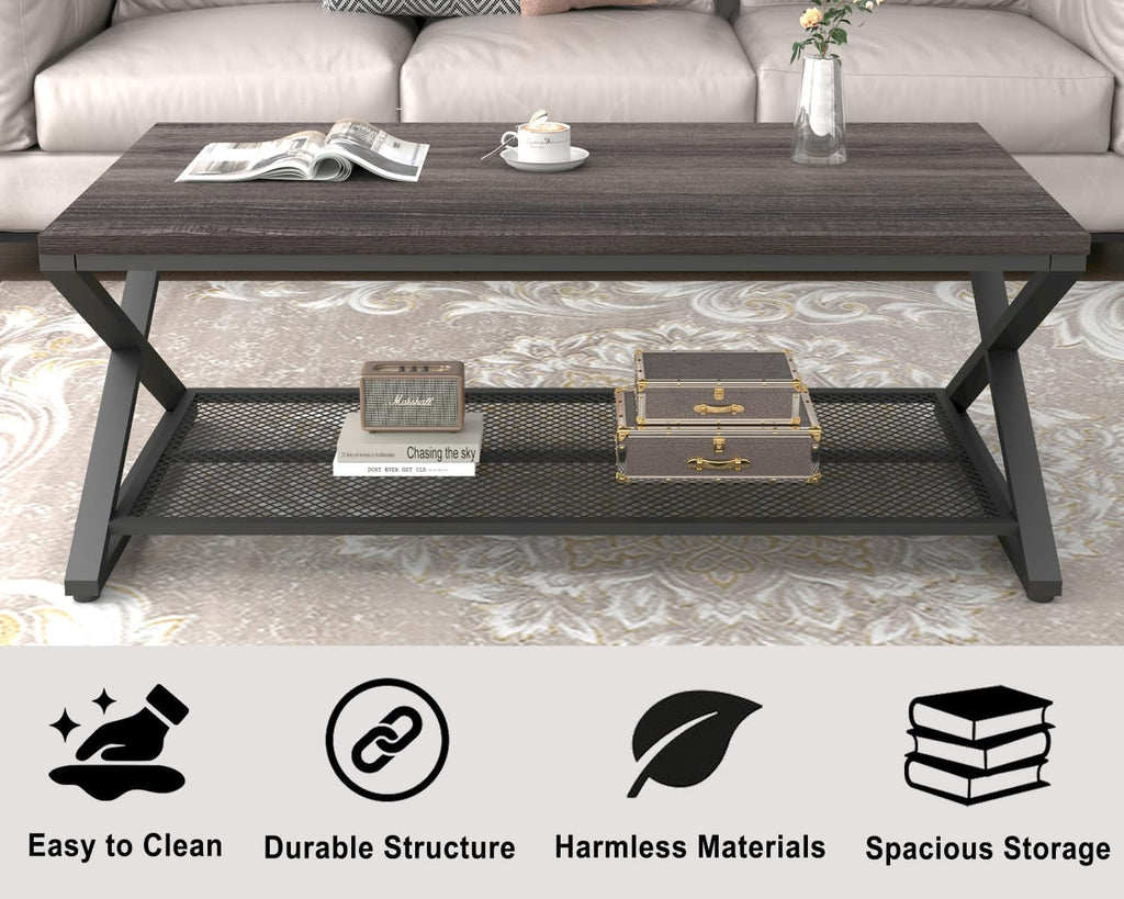 LVB Industrial Grey Coffee Table, Wood Metal 2 Tier Center Table with Storage, Rectangular Low Cocktail Table for Living Room, Farmhouse Concrete Tables for Home Office Bedroom, Dark Gray Oak, 47 Inch
