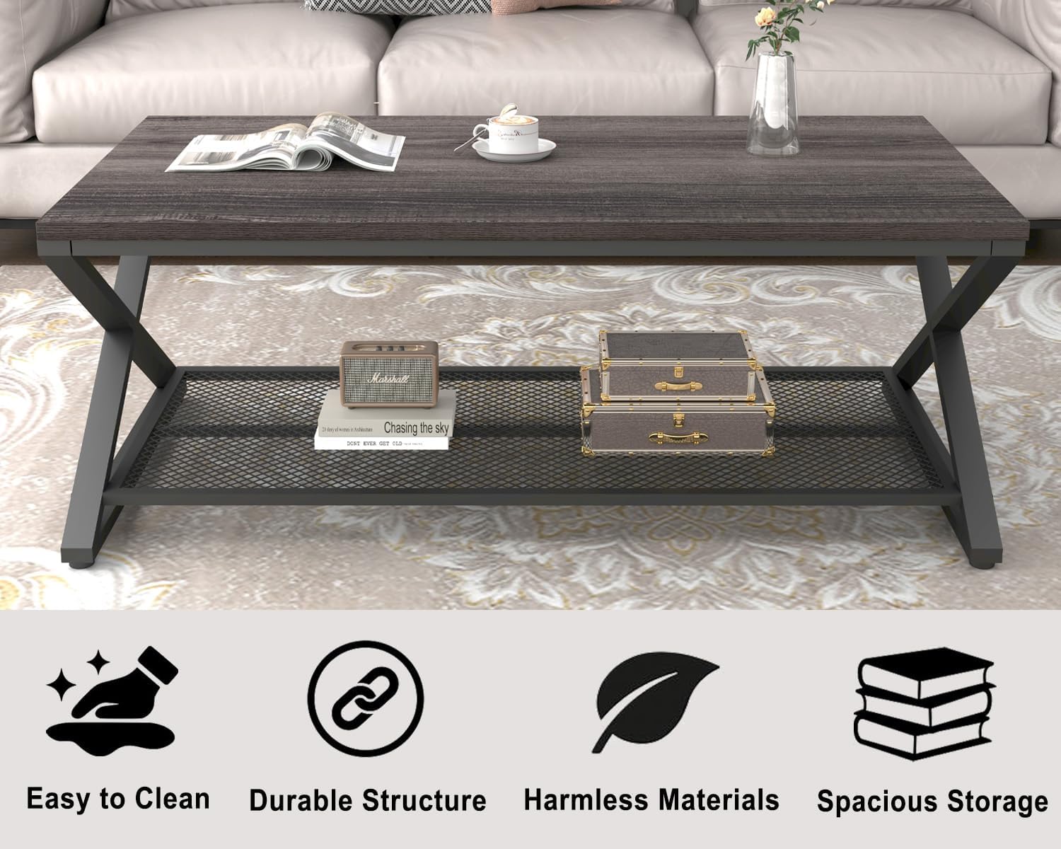 LVB Industrial Grey Coffee Table, Wood Metal 2 Tier Center Table with Storage, Rectangular Low Cocktail Table for Living Room, Farmhouse Concrete Tables for Home Office Bedroom, Dark Gray Oak, 47 Inch
