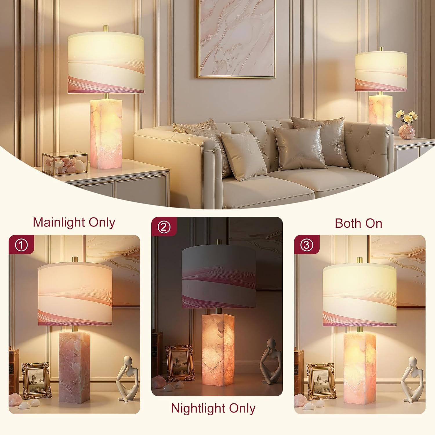 Scenekoy 23' Alabaster Table Lamp Set of 2 with Night Light for Bedroom Living Room, Rotary Switch, Pink Modern Table Lamp with Linen Shade, Nightstand Lamps for Room Bedside Office (Bulb Included)