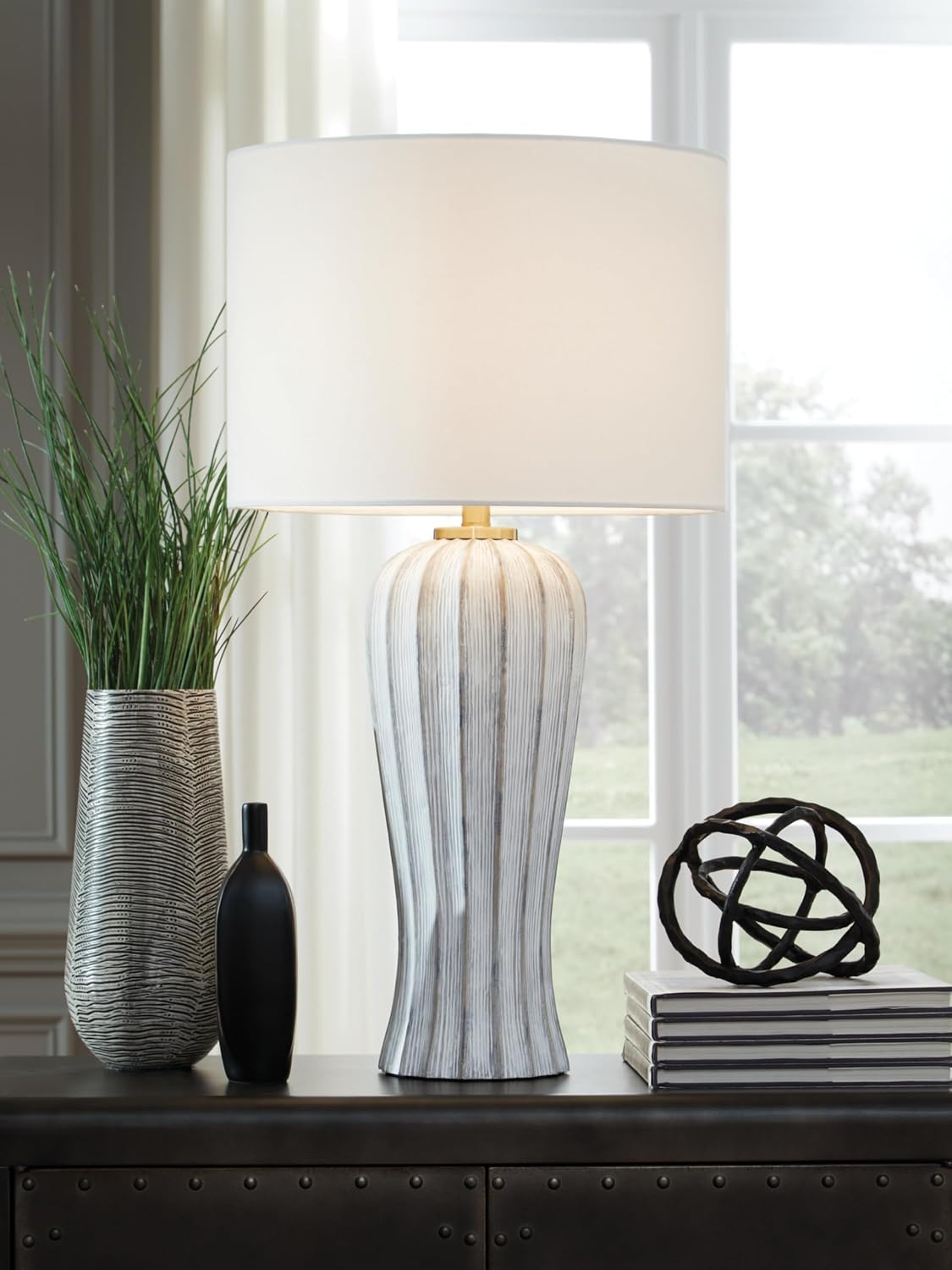 Signature Design by Ashley Lanwell Modern Table Lamp with 3-Way Switch, Polyresin and Drum Hardback Fabric Shade, 17.5' W x 17.5' D x 32' H, Light Gray