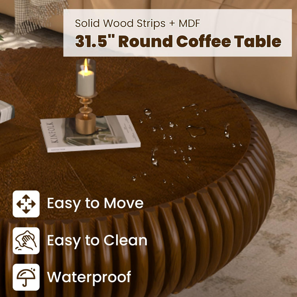 31.5' Drum Coffee Table Modern Unique Fluted Tea Table Contemporary Wood Round Coffee Table with Fluted Centry Table for Living Room Walnut (31.5' Walnut)