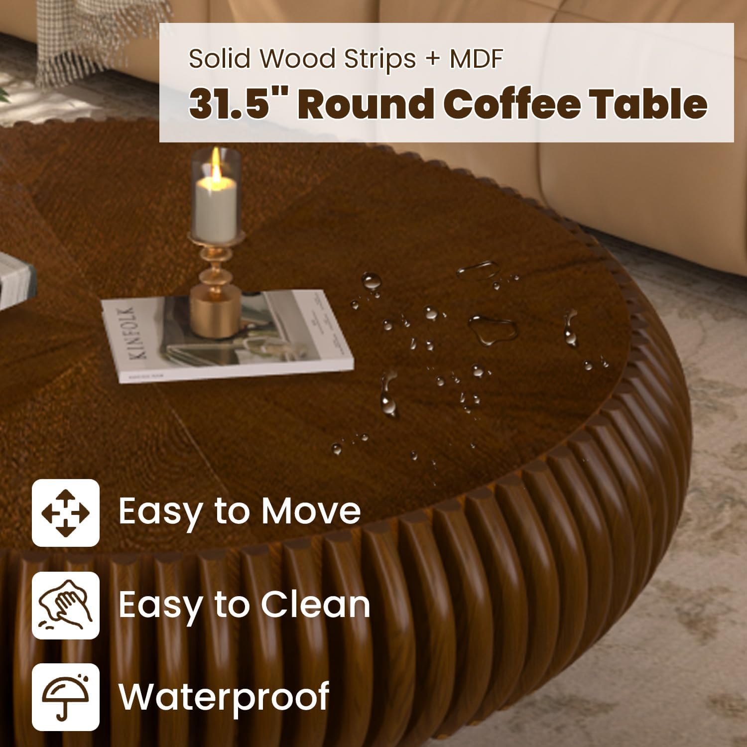 31.5' Drum Coffee Table Modern Unique Fluted Tea Table Contemporary Wood Round Coffee Table with Fluted Centry Table for Living Room Walnut (31.5' Walnut)