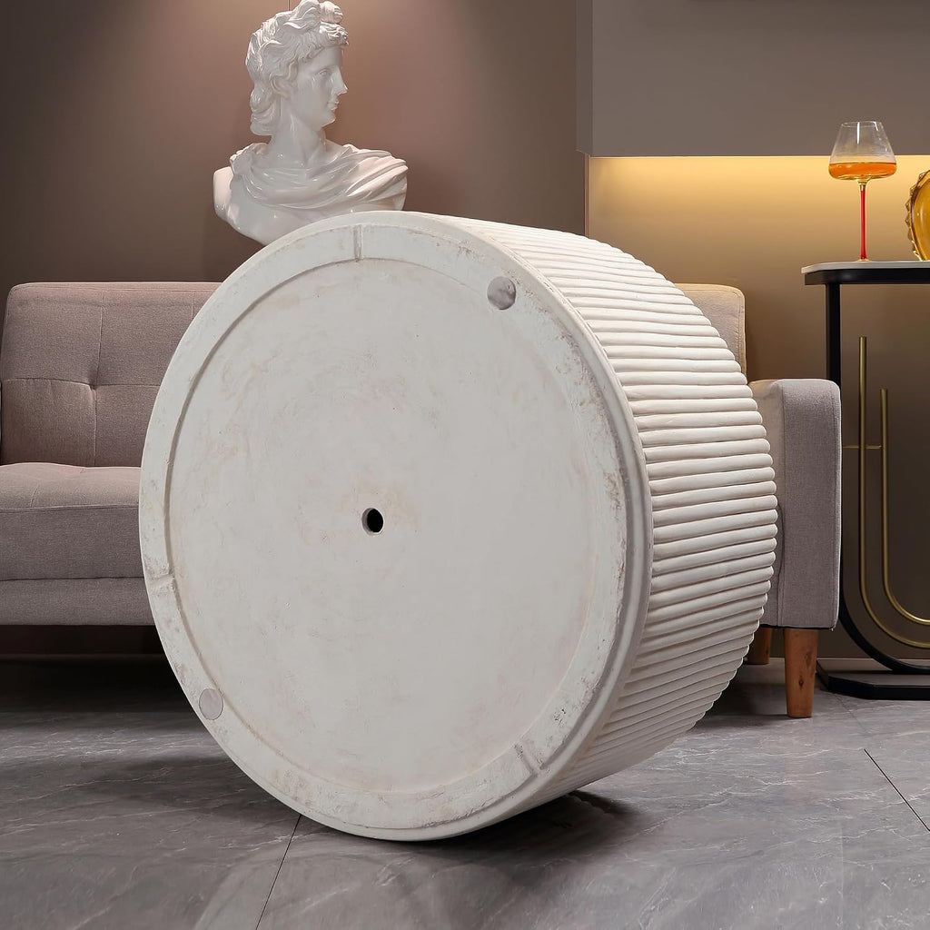 Off-White MGO Round Coffee Table for Indoors and Outdoors, 29.53' Mid-Century Modern Magnesium Oxide Fluted Drum Coffee Table, Circle Cocktail Tea Table for Living Room, No Assemble