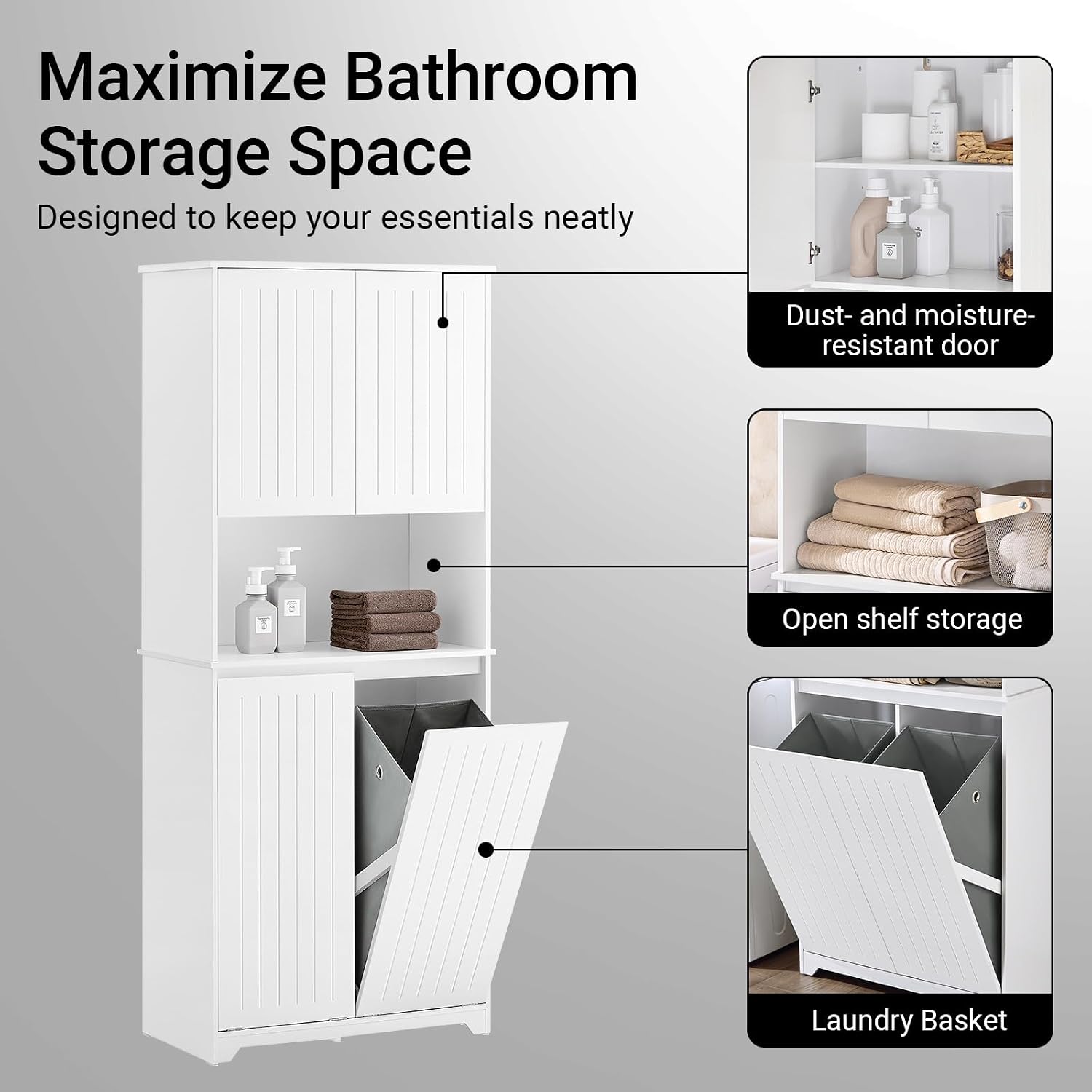 SoBuy Double Tilt Out Laundry Hamper Cabinet, Tall Bathroom Storage Cabinet with Adjustable Shelves and Hidden Pull Out Basket, Freestanding Storage Organizer for Laundry Room, White SO2-BZR150-W