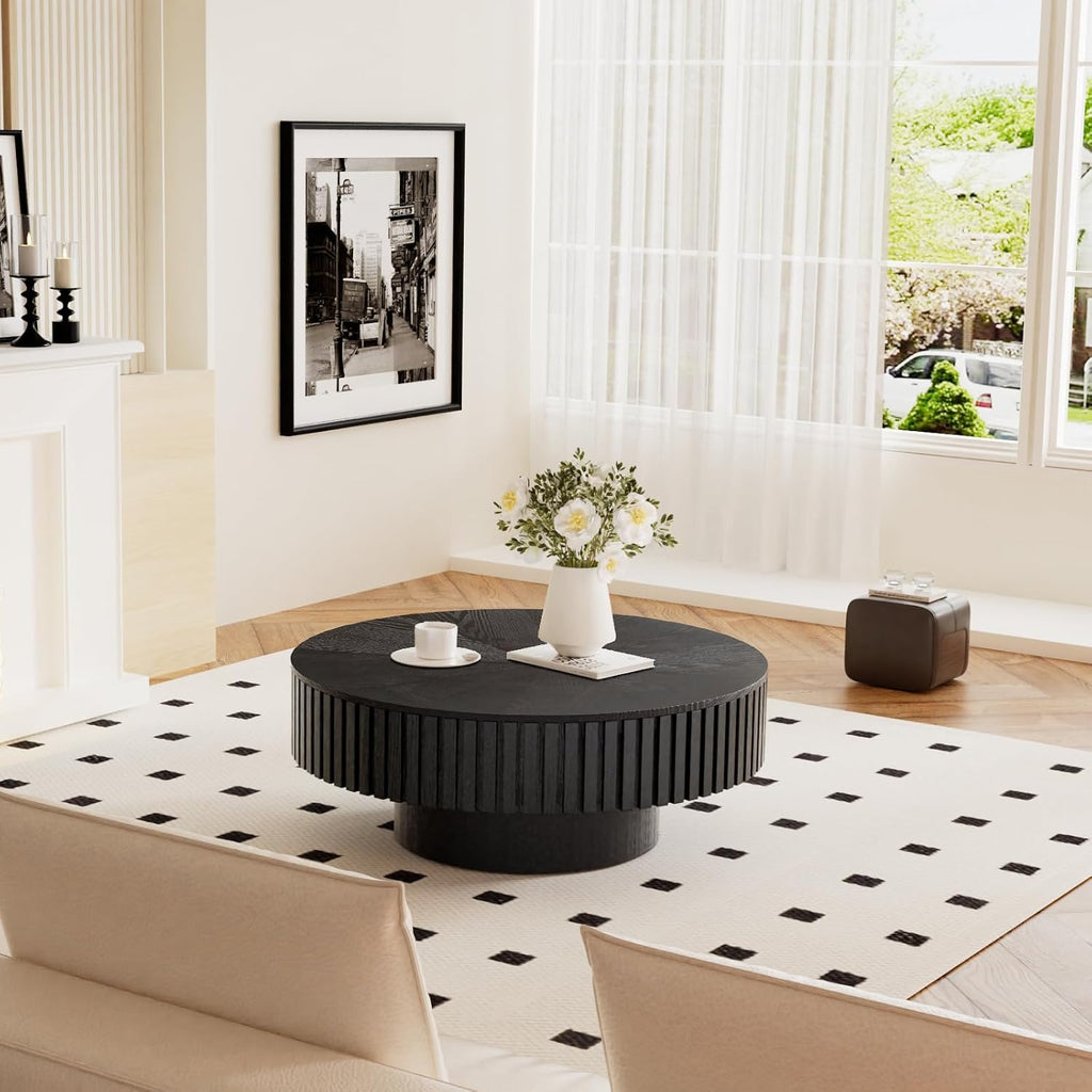 Round Coffee Table with Storage for Living Room Modern Black Fluted Drum Coffee Table 31.4 inch Low Round Storage Coffee Tables for Living Room (Black A, 31.4')