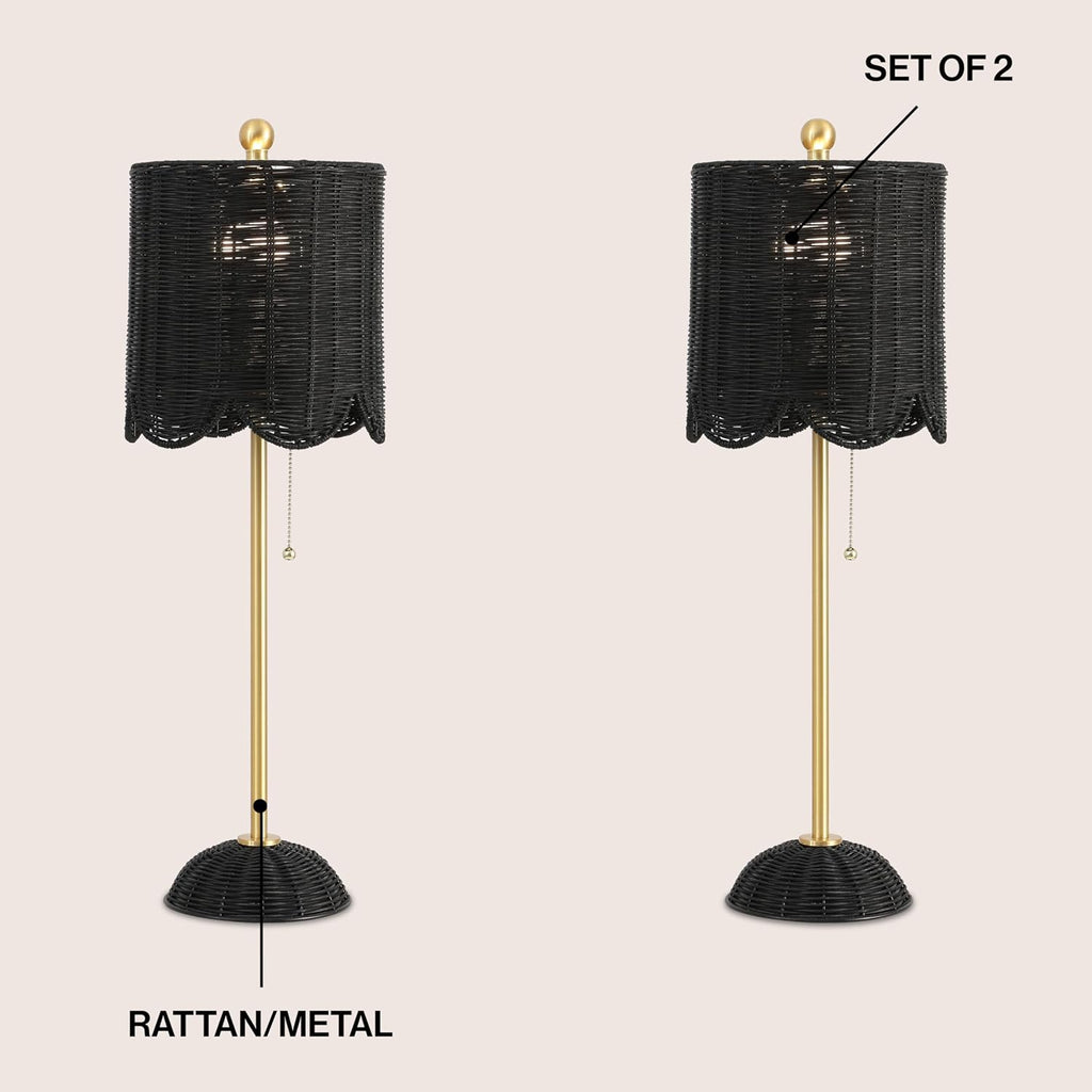 JONATHAN Y 27.5' Black/Brass Gold Coastal Buffet Table Lamp Set of 2 for Bedroom, Boho Table Lamps with Natural Rattan Scalloped Shade, Pull Chain, LED Bulbs Included (JYL1138C-SET2)