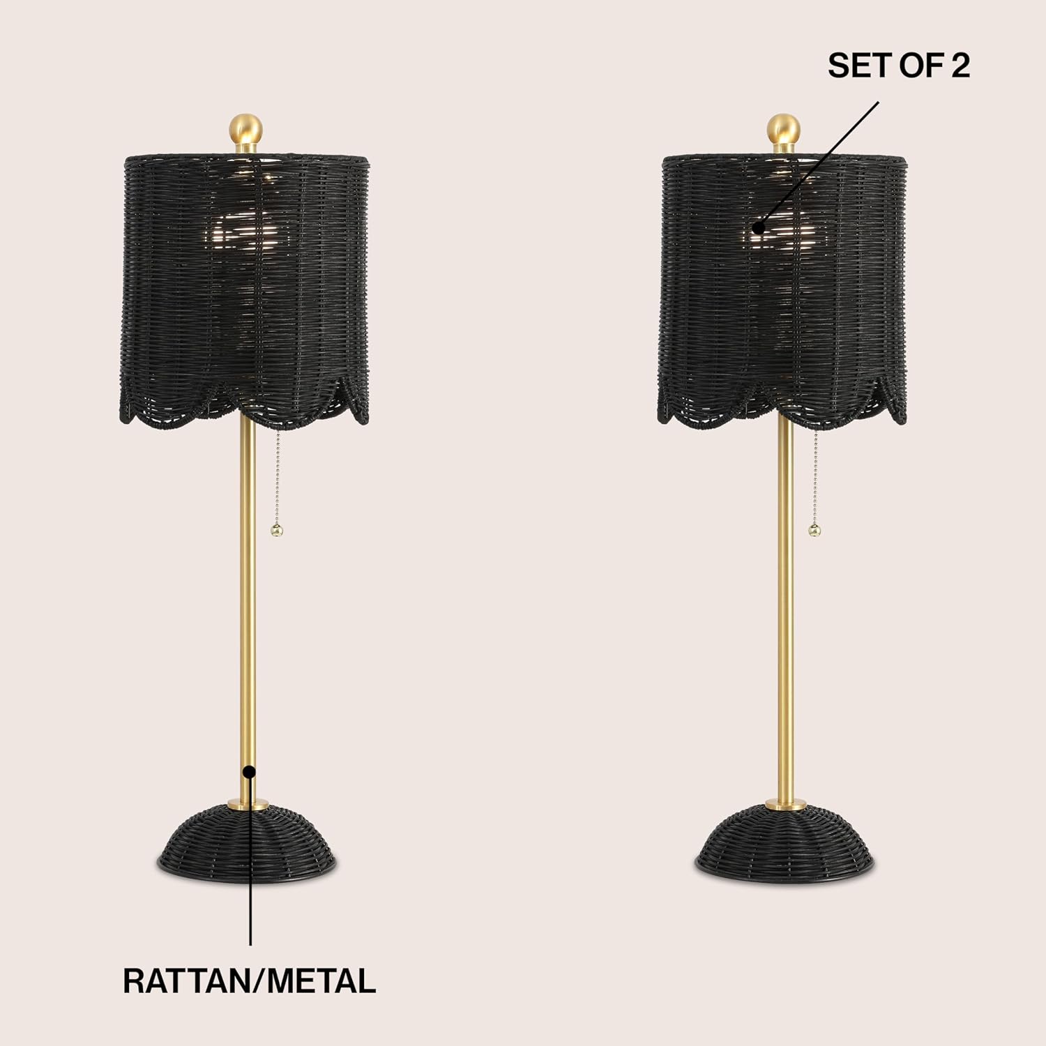 JONATHAN Y 27.5' Black/Brass Gold Coastal Buffet Table Lamp Set of 2 for Bedroom, Boho Table Lamps with Natural Rattan Scalloped Shade, Pull Chain, LED Bulbs Included (JYL1138C-SET2)