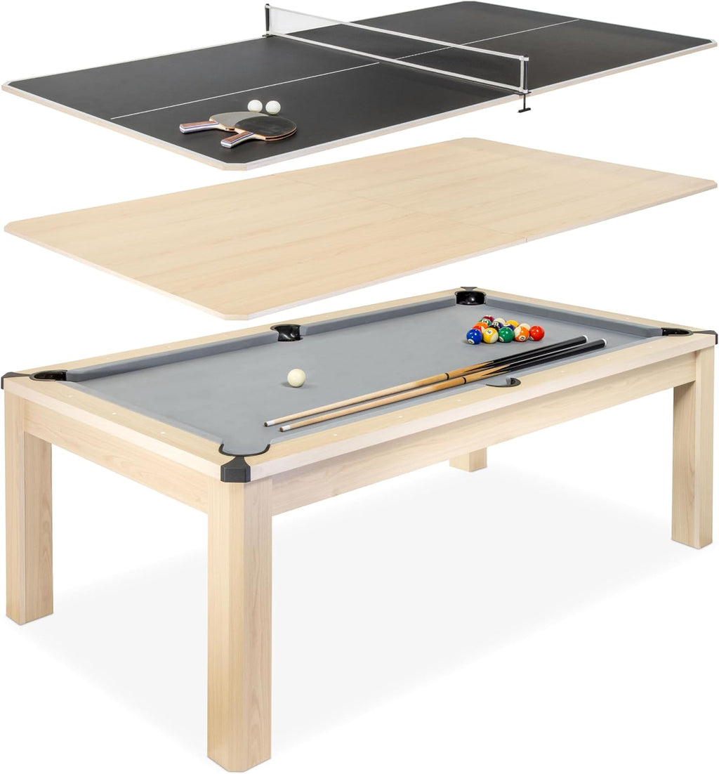 GoSports 3 in 1 Pool, Dining, & Table Tennis Combo Table and Storage Benches - 7 ft or 8 ft - Convertible Billiards and Table Tennis with Accessories