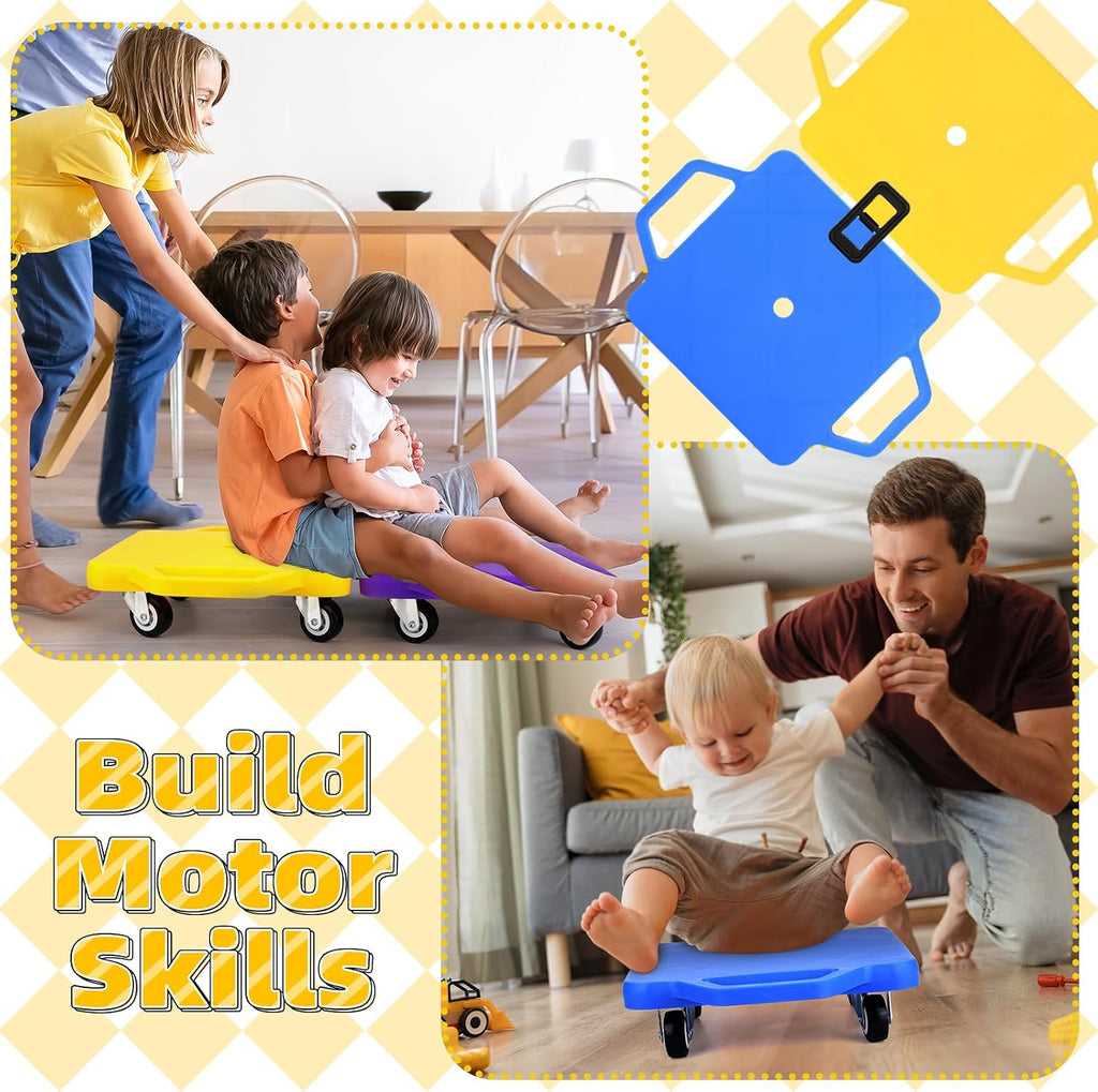 BOBOKA Sports Scooter Board with Handles, Floor Sitting Scooter Board with Non-Marring Plastic Casters for Kids Children Gym Indoor Outdoor Play, 11.22 x 11.22 inch