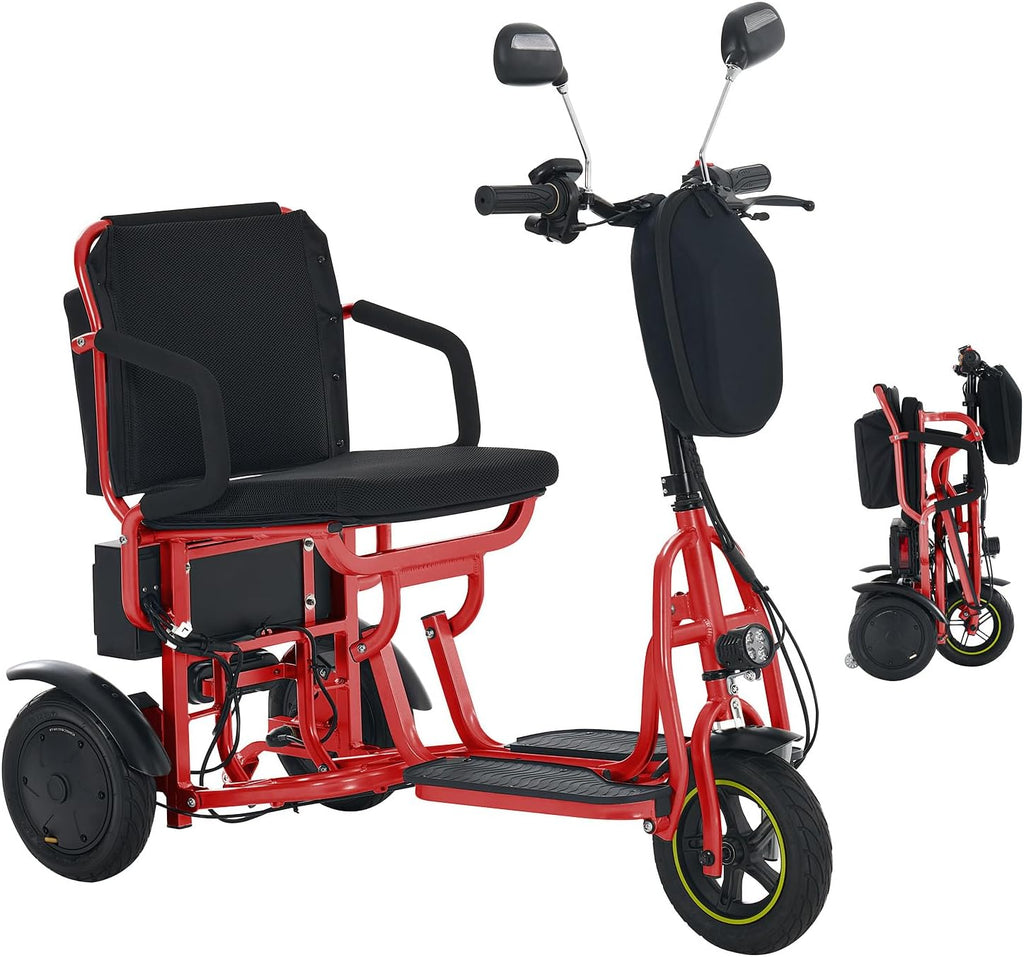 3-Wheel Folding Mobility Scooter Foldable Lightweight Electric Scooter for Adults & Seniors, Detachable Lithium Battery, Long Range 28 Miles, 3-Speed, with Rearview Mirror & Turn Signal (Red)