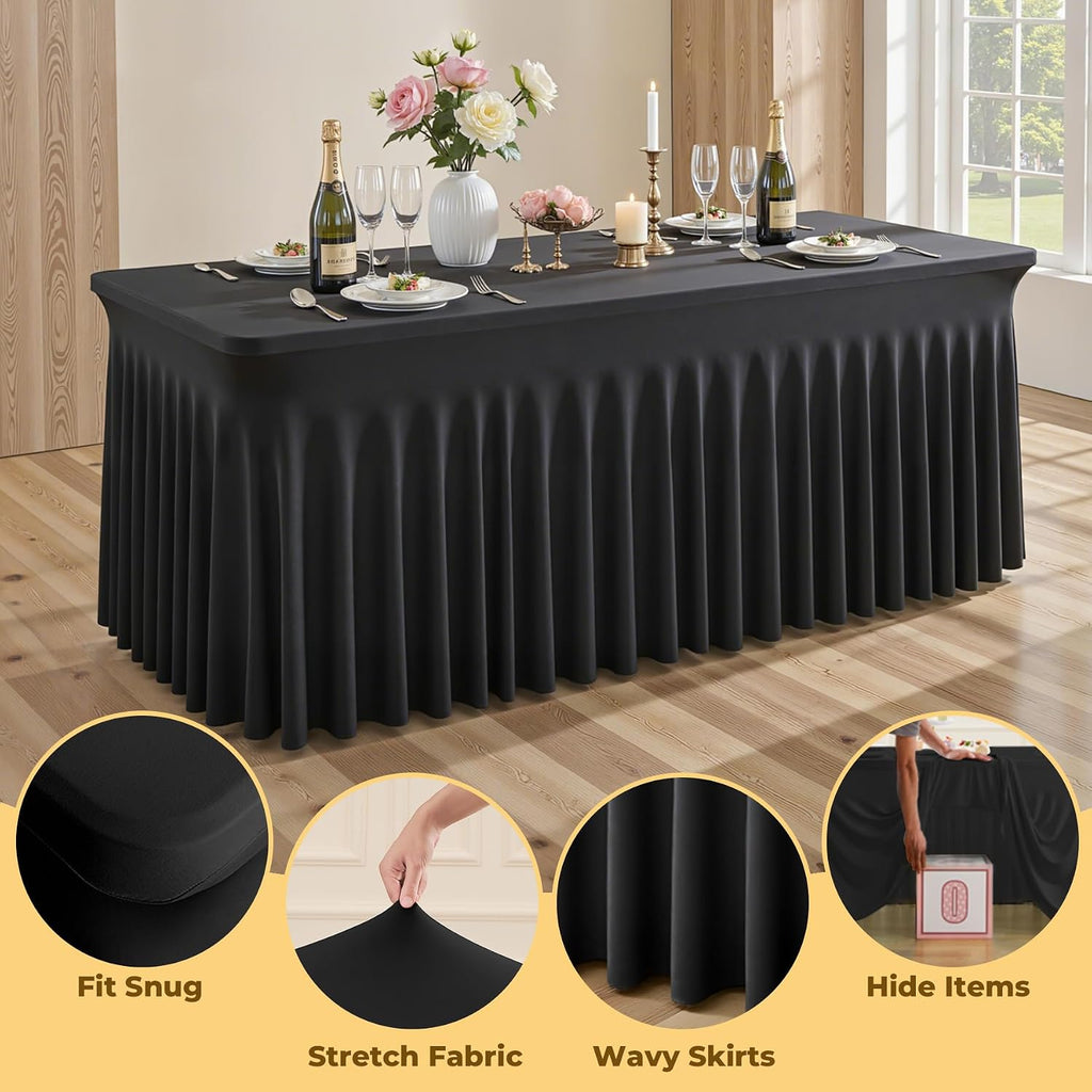 6 Pack Black Spandex Fitted Tablecloth 8 Foot - Stretch Table Clothes for 8 FT Rectangle Table, Washable Ruffles Elastic for Weddings, Buffet, Banquet, Trade Craft Show, Party Celebration