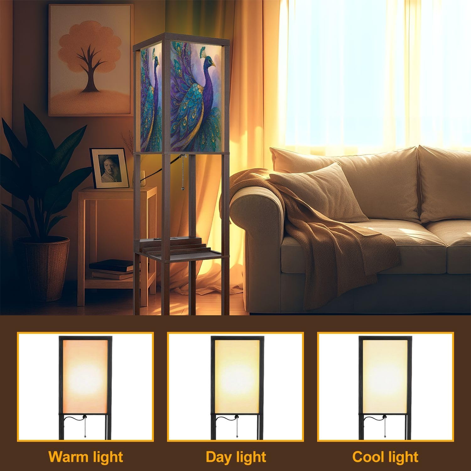Floor Lamp with Shelves Modern Stained Glass Peacock Art Teal Gold Feathers Standing Tall Lamp USB Ports & Power Outlet Modern Corner Lamp Nightstand Light for Living Room Bedroom