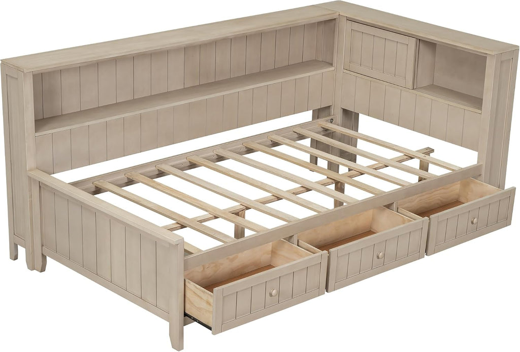 RuiSiSi Twin Daybed with Storage Drawers, Wood Twin Size Corner Bed Frame with Storage Shelves and Headboard, White Milk