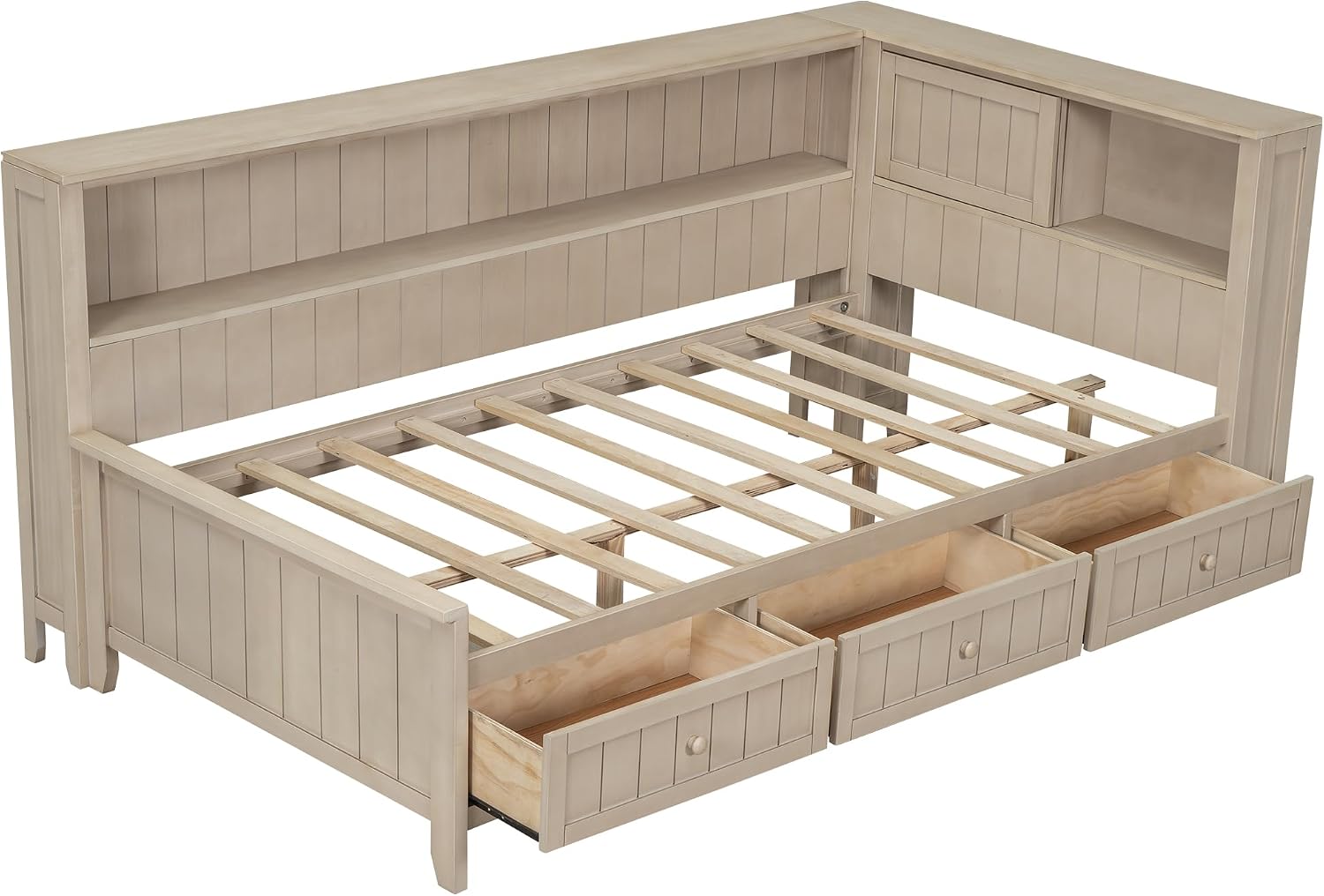 RuiSiSi Twin Daybed with Storage Drawers, Wood Twin Size Corner Bed Frame with Storage Shelves and Headboard, White Milk