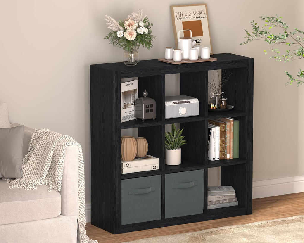 Bookshelf with Storage Bins, 9-Cube Storage Organizer Sturdy Wooden Bookcase Open Book Shelf, Multifunctional Cubicle Rack for Storage & Display, Furniture for Living Room Bedroom Office, Black