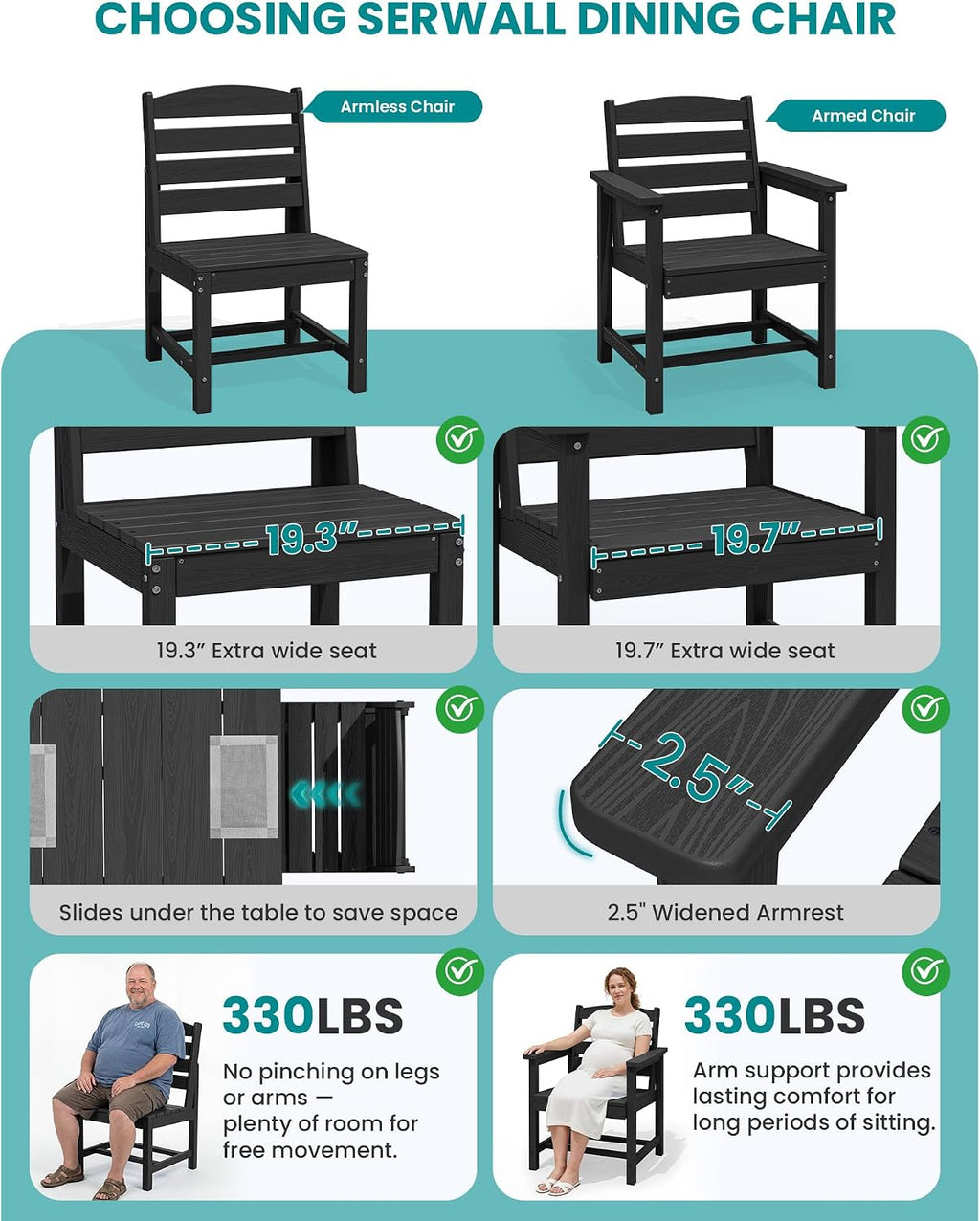SERWALL Patio Dining Sets for 6 Person, HDPE Dining Set with 6 Armless Chairs, Black