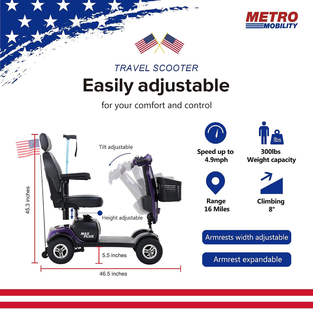 Metro Mobility - New 4 Wheel Outdoor Mobility Scooter - Adult Scooter 300lbs Foldable - Battery - 20V20AH*2pcs, Max Range 16 Miles (Purple)