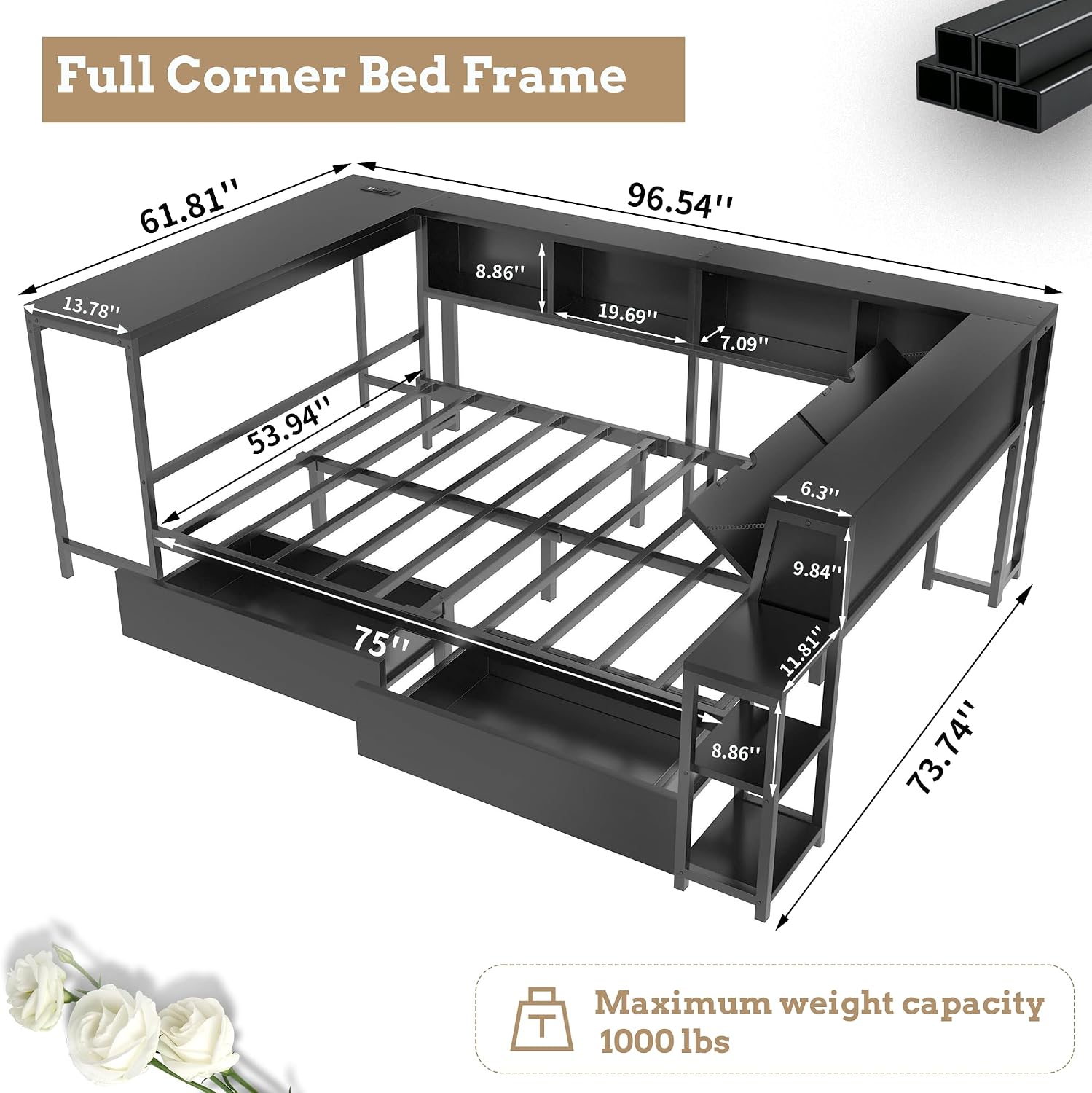 Full Corner Bed with Desk and 6 Bookcase, Full Corner Daybed with Storage Drawers, LED Light and Charging Station, Metal Full Size Corner Bed Frame for Living Room Bedroom Guest Room, Black