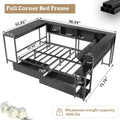 Full Size Corner Bed Frame with Desk & Charging Station, Full Corner Daybed with Storage Drawers, LED Light and 6 Bookcase, Metal Corner Bed Frame Full for Living Room Bedroom Guest Room, Black