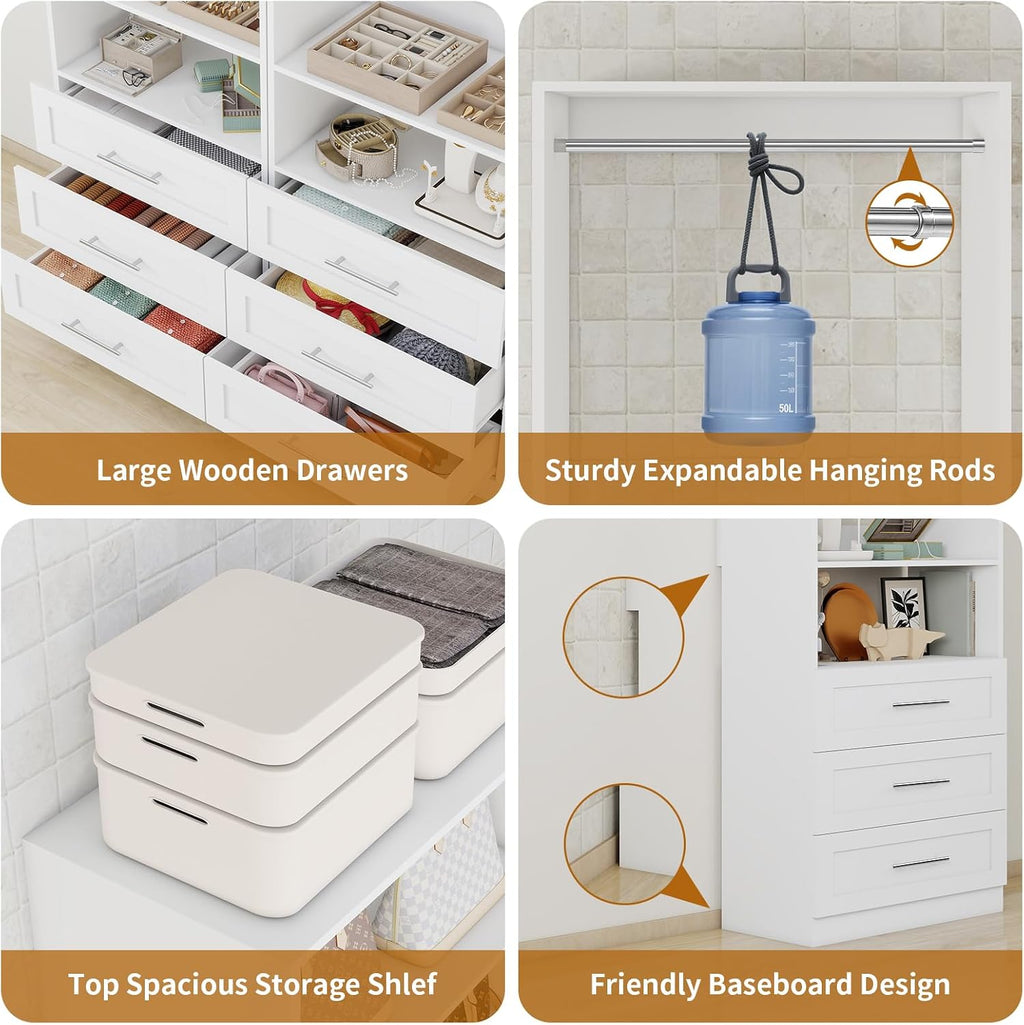 Closet System of 4 Sets with 6 Drawers, 101.9' Walk in Corner Closet System with 9 Hanging Rods & Adjustable Shelves, Custom L-Shaped Modular Closet Organizer System Wood Corner, White