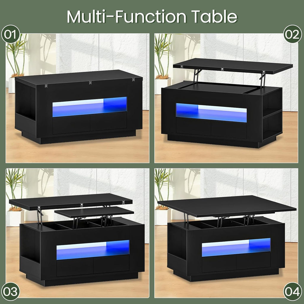 CHOEZON 40-Inch Lift Coffee Table with 2 Drawers, LED Lights and Storage, 4-in-1 Multi-Use Center Table with Floating Base, for Living Room, Black MKF03DBB