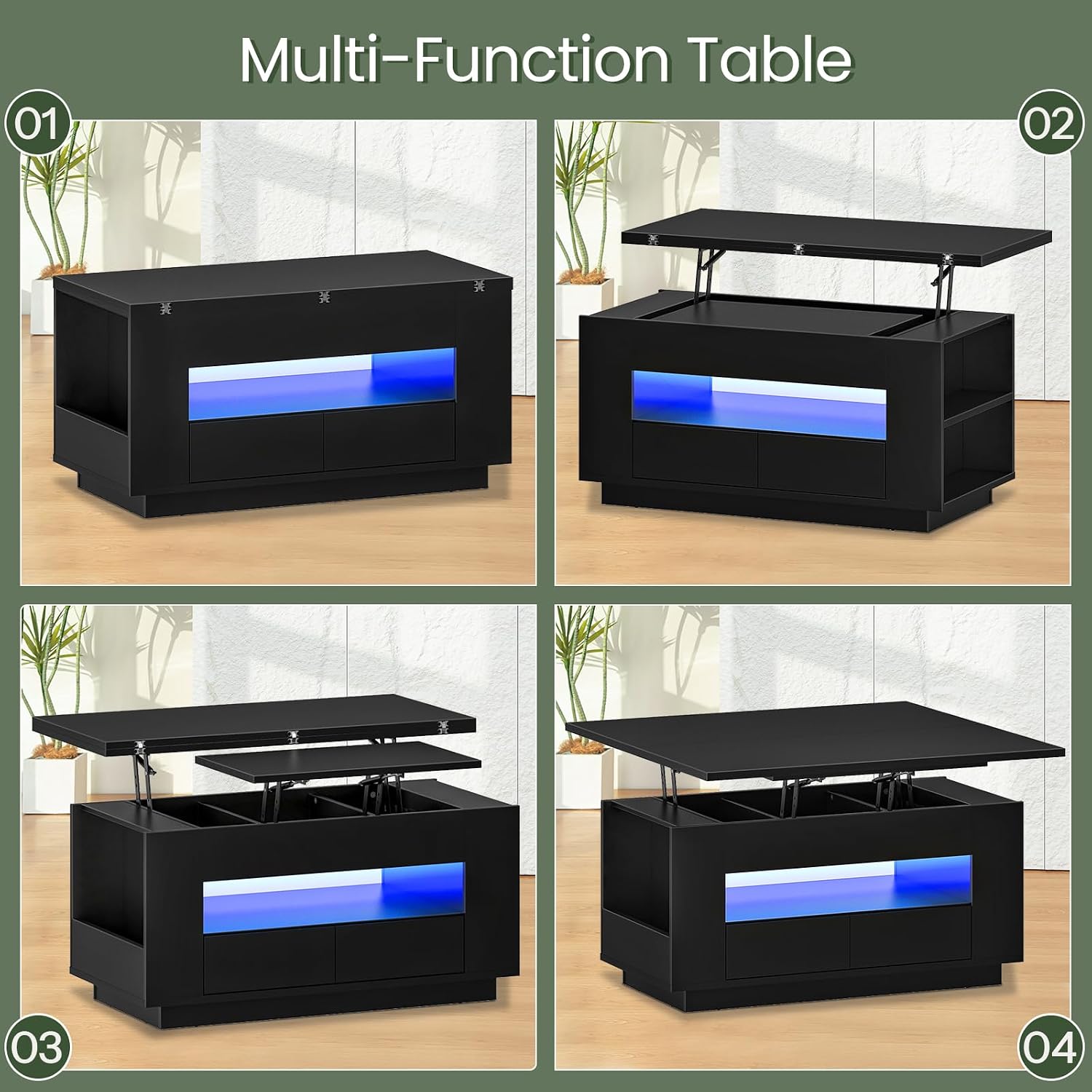 CHOEZON 40-Inch Lift Coffee Table with 2 Drawers, LED Lights and Storage, 4-in-1 Multi-Use Center Table with Floating Base, for Living Room, Black MKF03DBB