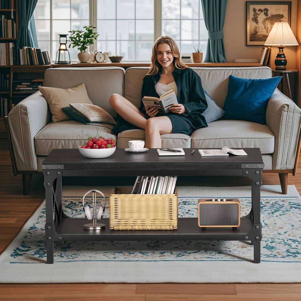 Rectangle Coffee Tables for Living Room, Wood Rectangular Coffee Table, 2 Tier Industrial Modern Center Table with Thickened Tabletop and Metal Frame, 40 inch Long (Black)