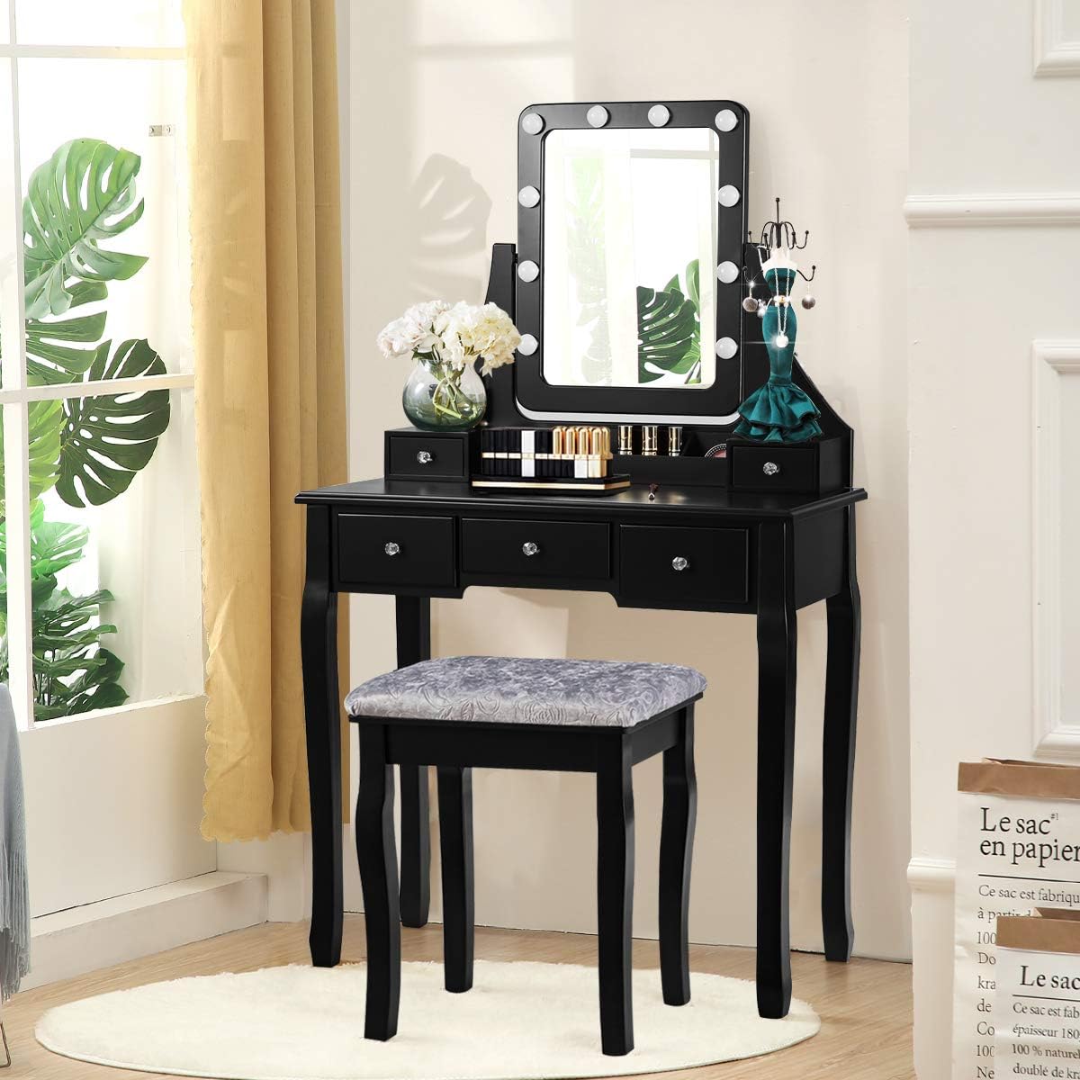 CHARMAID LED Vanity Desk with Lighted Mirror, 10 Dimming Bulbs, 5 Drawers, 3 Storage Organizers, Makeup Vanity Desk with Stool, Bedroom Dressing Table, Gift for Girls Women (Black)