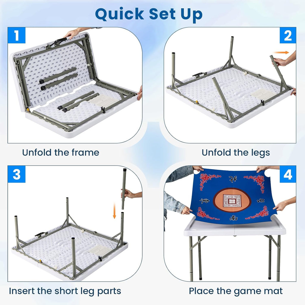Goplus Mahjong Table, 35' Square Folding Card Table w/4Cup Holders, Anti Slip Mat, HDPE Tabletop, Metal Legs, Portable Mahjong Game Table for Domino Game, Picnic (Table w/Removable Mat, Blue)