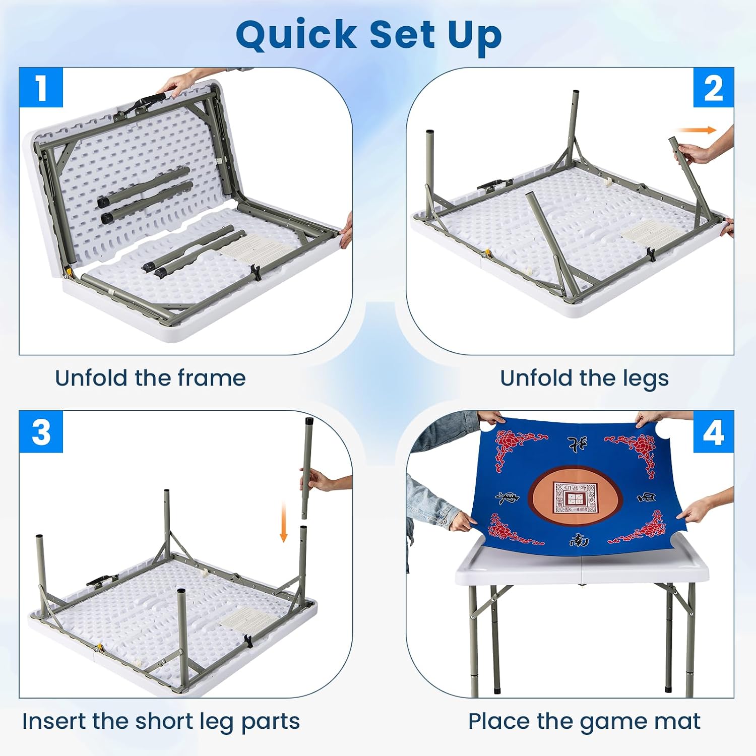 Goplus Mahjong Table, 35' Square Folding Card Table w/4Cup Holders, Anti Slip Mat, HDPE Tabletop, Metal Legs, Portable Mahjong Game Table for Domino Game, Picnic (Table w/Removable Mat, Blue)