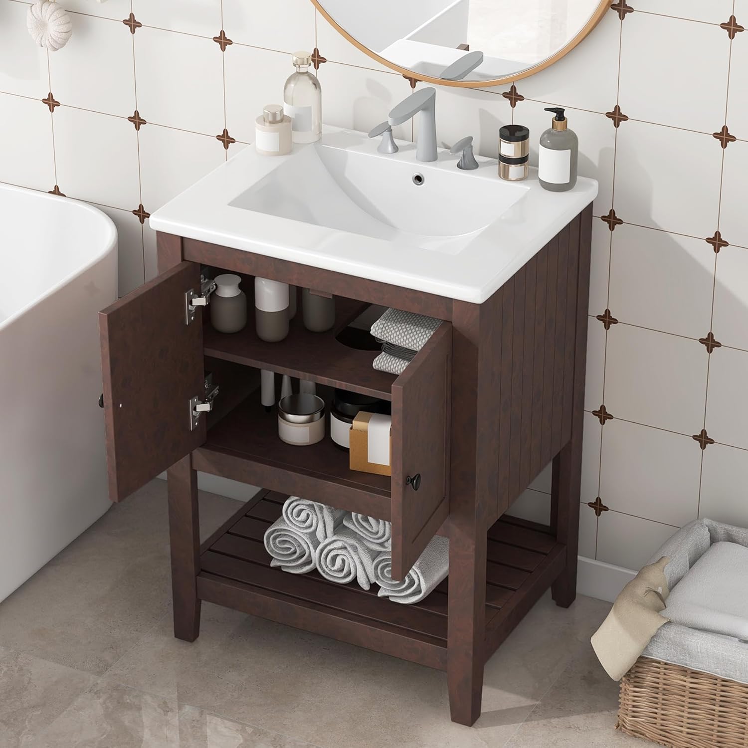 Merax 24 Inch Bathroom Vanity with Sink Set Combo, Cabinet with Doors and Open Shelf, Solid Wood Frame with Painted Finish, Modern Style
