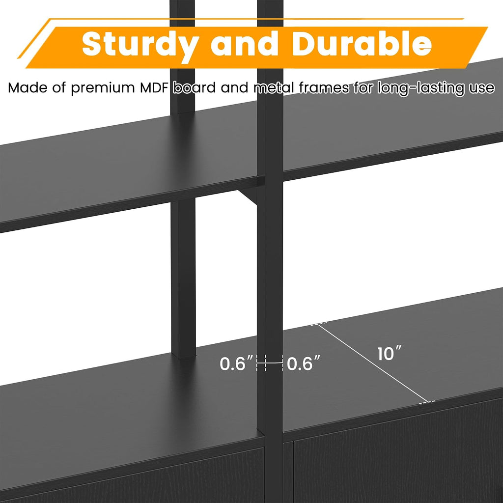 85.8' Tall Arched Bookshelf with Door, 5-Tier Etagere Bookcase with Storage Cabinet Shelf, Triple Wide Industrial Bookshelf, Free Standing Display Shelf for Living Room Home Office, Black