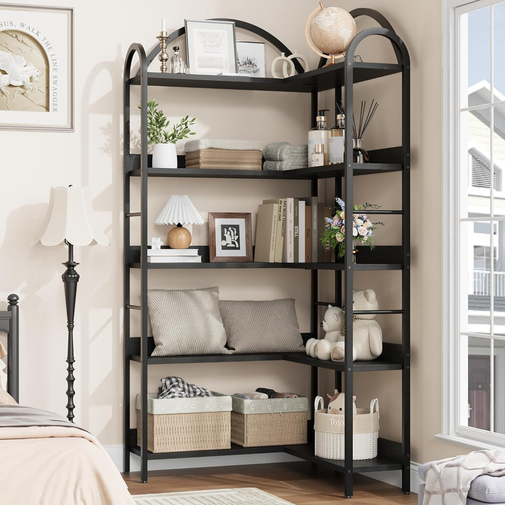 TrailBlaze 68' Tall Corner Bookshelf, 5-Tier Arched Bookshelf Bookcase with Open Shelves, Freestanding Display Shelf L Shaped Wood Corner Bookcase for Home Office, Bedroom, Living Room, Black
