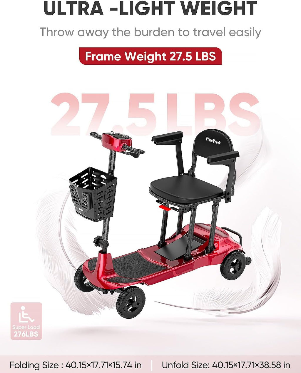 Mobility Scooters for Adults & Seniors - Ultra Lightweight 27.5 lbs Carbon Fiber Folding Electric Scooter - Airlines Approved All-Terrain Portable Scooter with Basket and Charger Included-Red