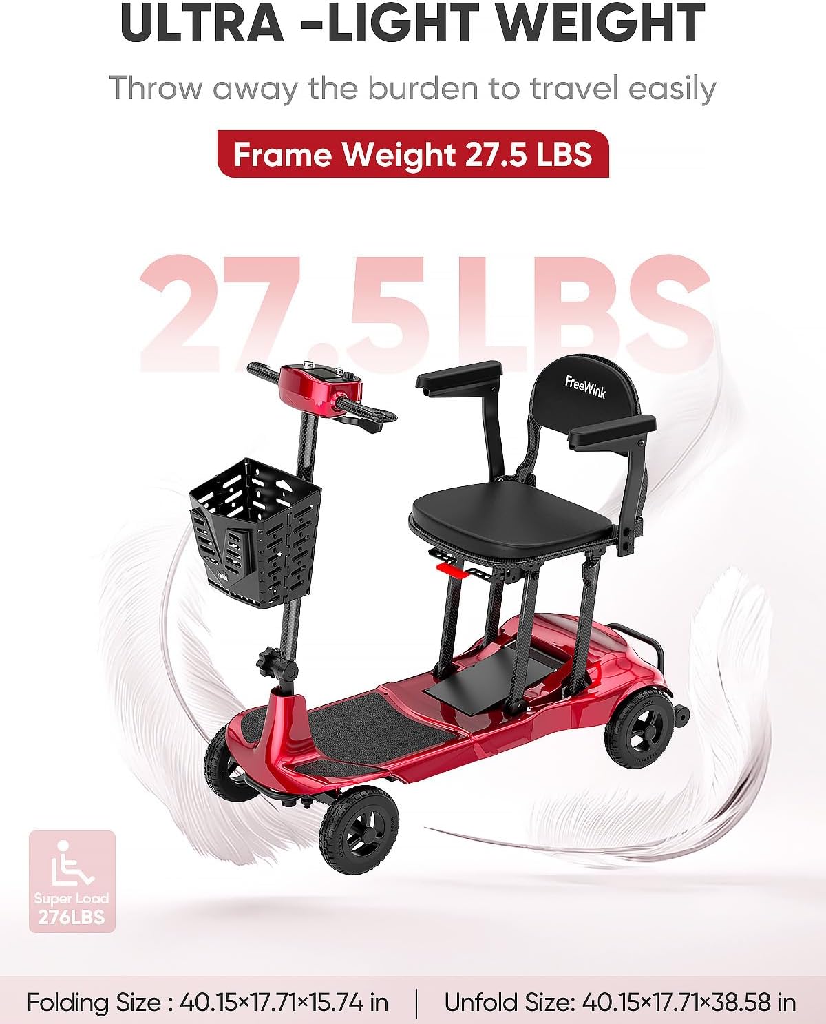 Mobility Scooters for Adults & Seniors - Ultra Lightweight 27.5 lbs Carbon Fiber Folding Electric Scooter - Airlines Approved All-Terrain Portable Scooter with Basket and Charger Included-Red