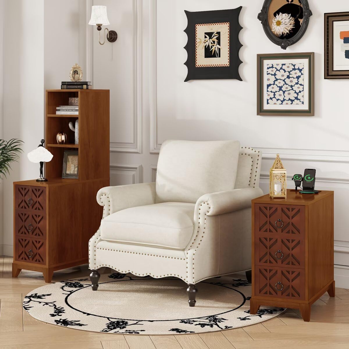 JIJIWANG 23.6' L End Table with 3 Drawers, Corner Table with 2 Open Shelves, Tall Side Table for Bedroom and Corner, Walnut,Expect Arrival Date, Natural